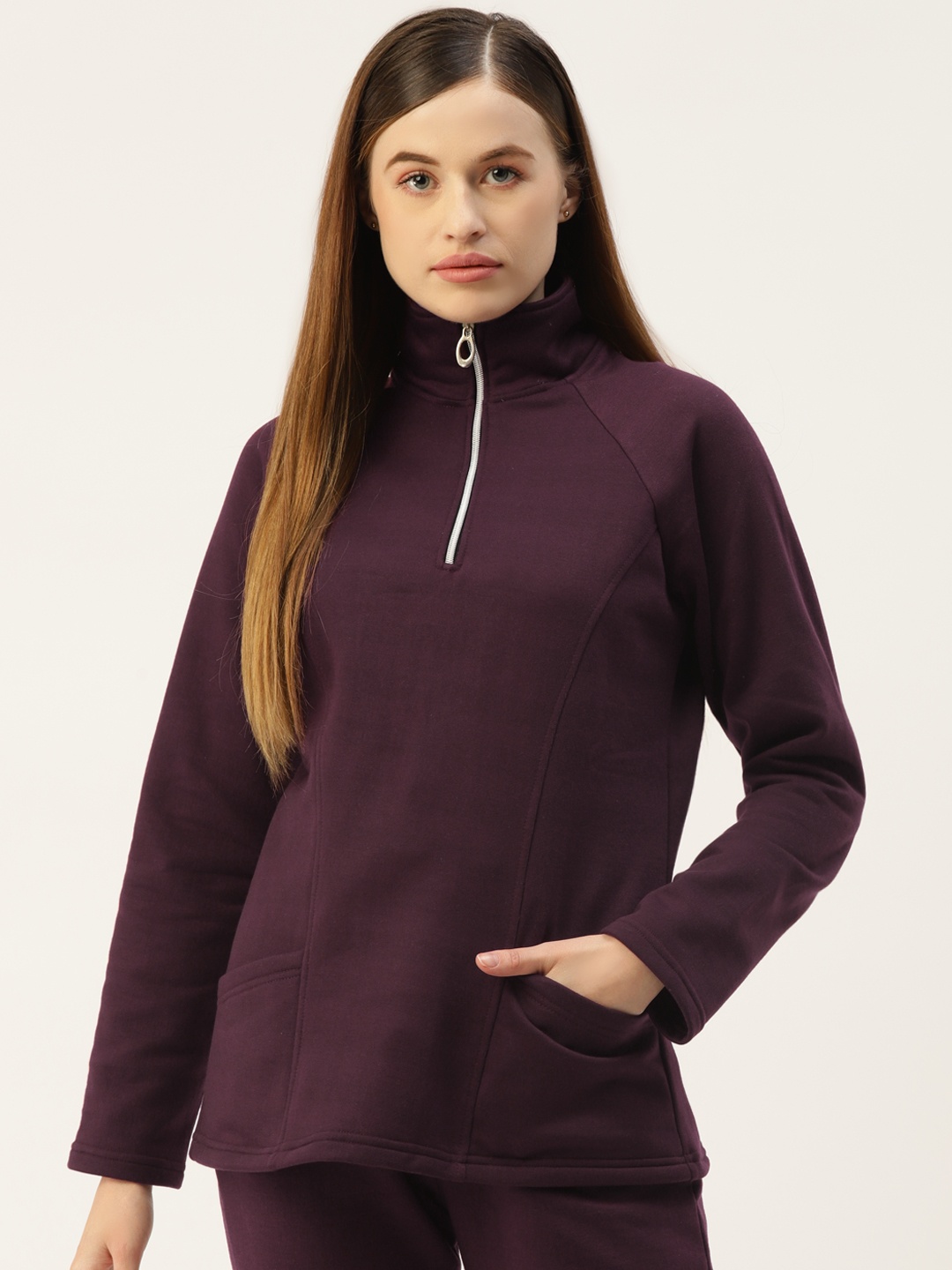 

BRINNS Women Burgundy Solid Half Zipper Regular Sweatshirt