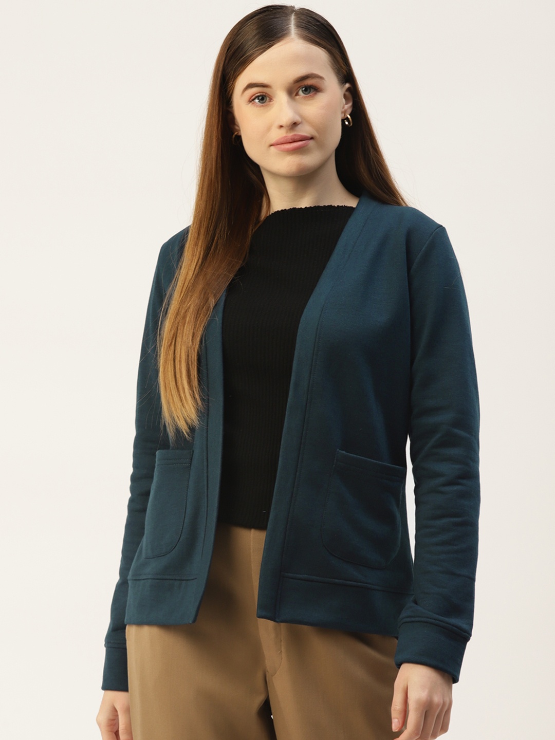 

BRINNS Women Teal Blue Solid Open Front Jacket