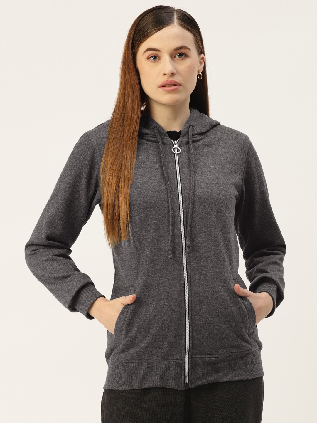 

BRINNS Women Charcoal Grey Solid Hooded Sweatshirt