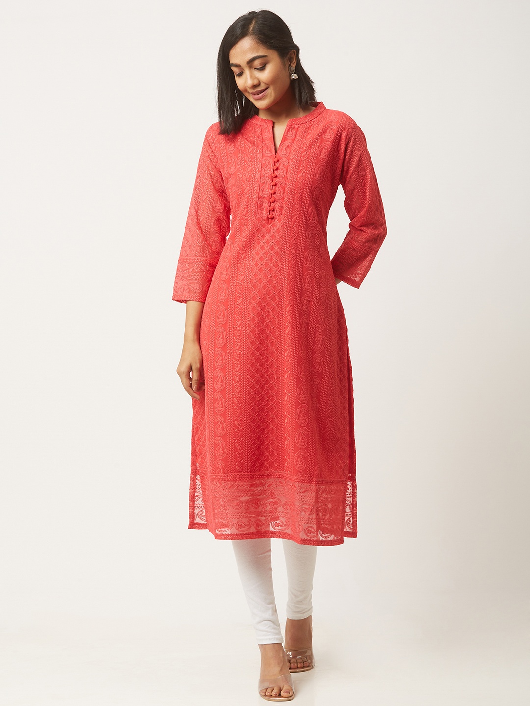 

ZOLA Women Coral Ethnic Motifs Embroidered Lightweight Chikankari Georgette Kurta