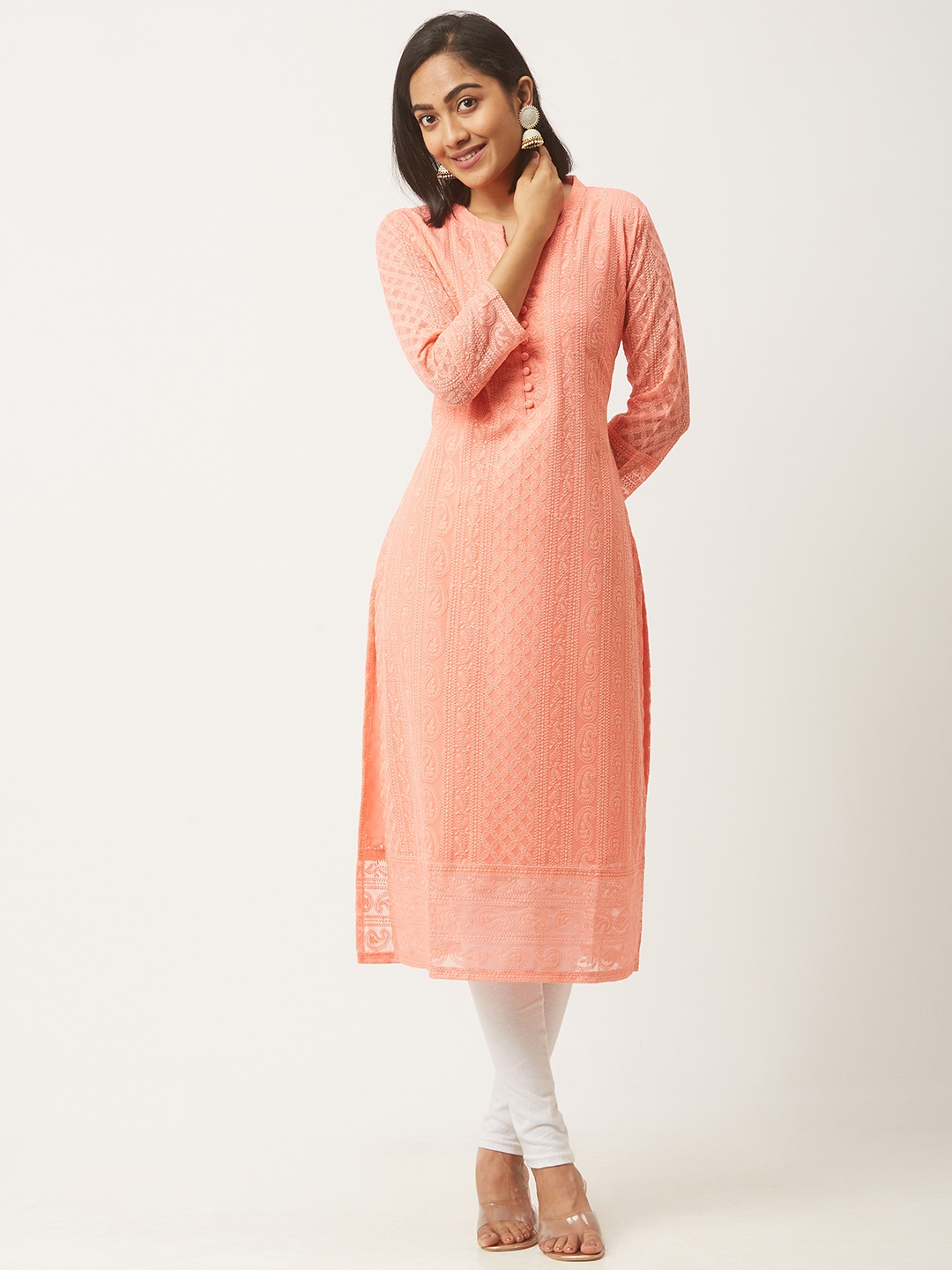 

ZOLA Women Peach Chikankari Georgette Kurta