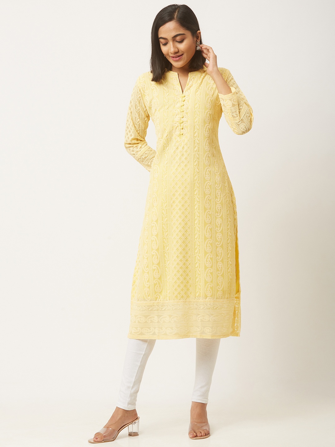 

ZOLA Women Ethnic Motifs Embroidered Lucknowi Chikankari Georgette Kurta, Yellow