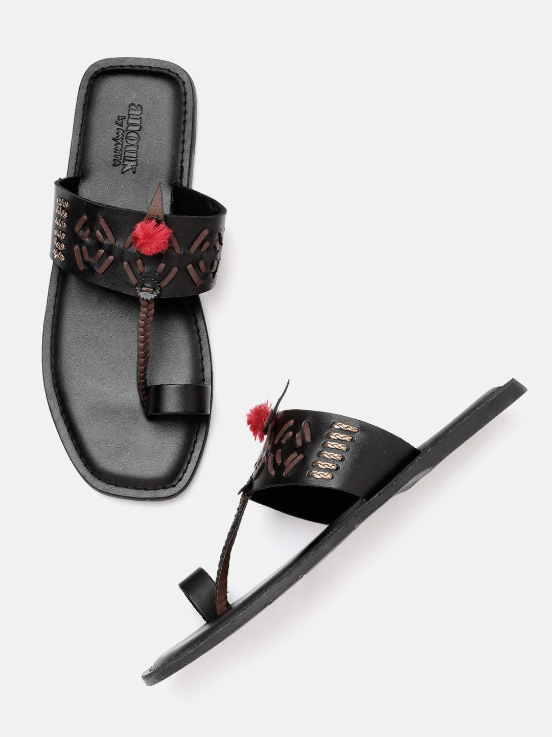 

Anouk Men Black & Brown Woven Design Handcrafted One Toe Comfort Sandals