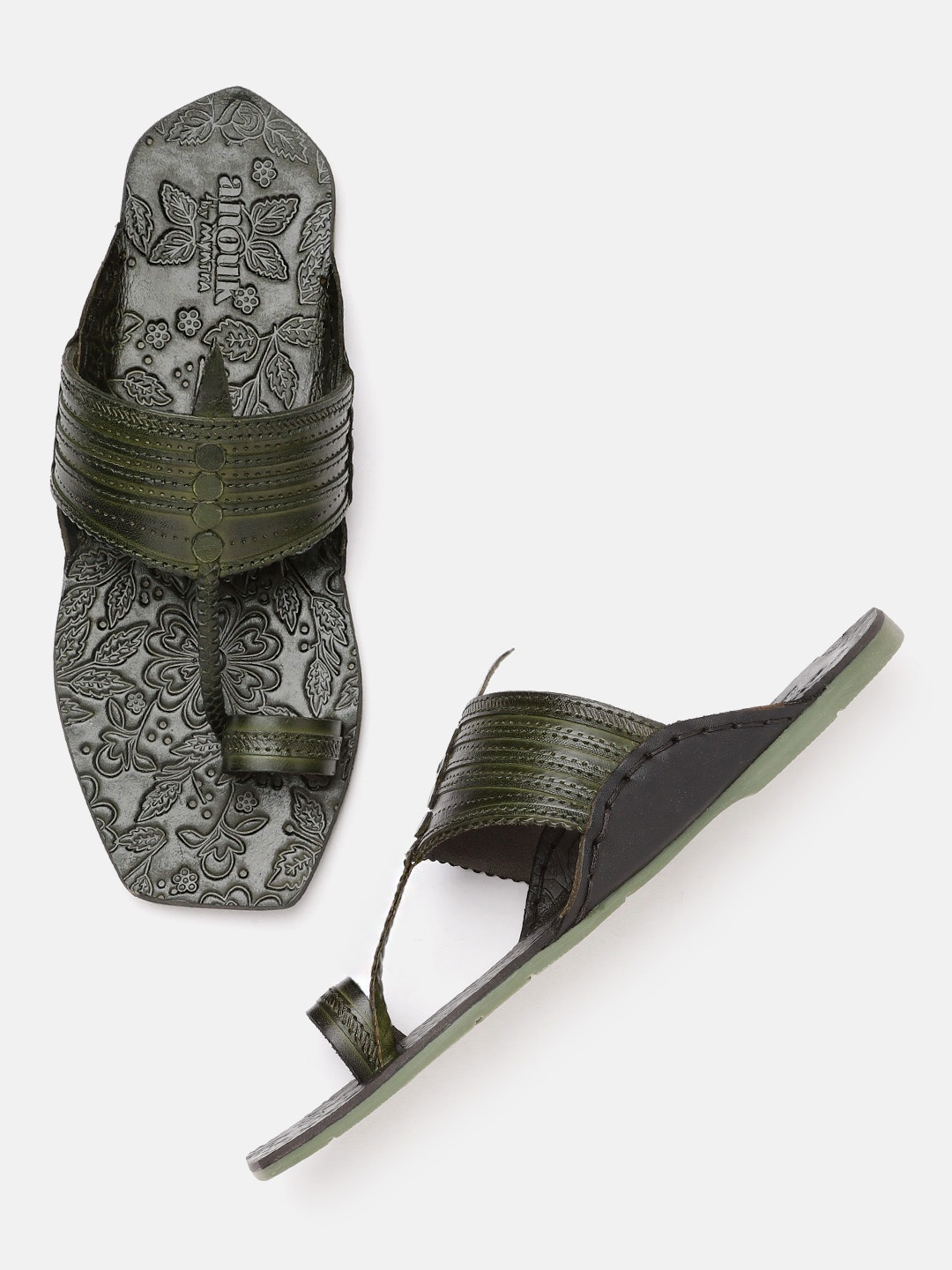 

Anouk Men Olive Green Perforated Handcrafted One Toe Comfort Sandals