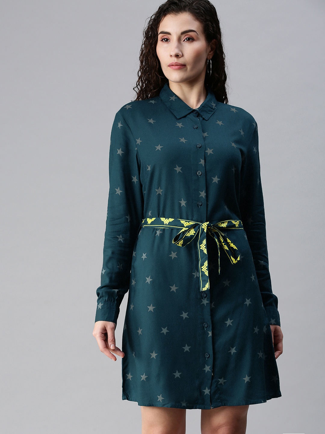 

The Souled Store Teal Blue & Yellow Conversational printed Shirt Dress