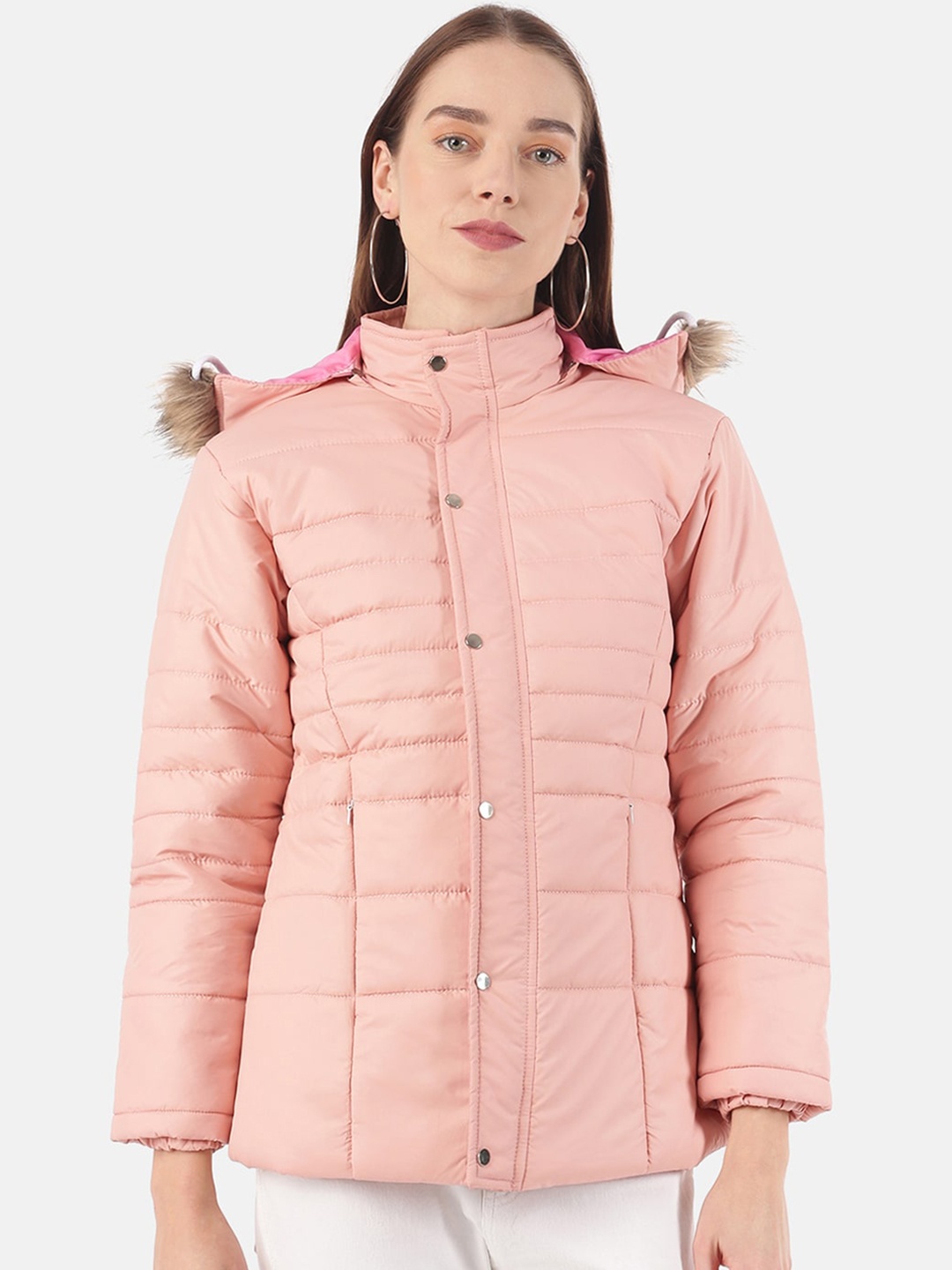 

VOXATI Women Pink Faux Fur Trim Parka Jacket