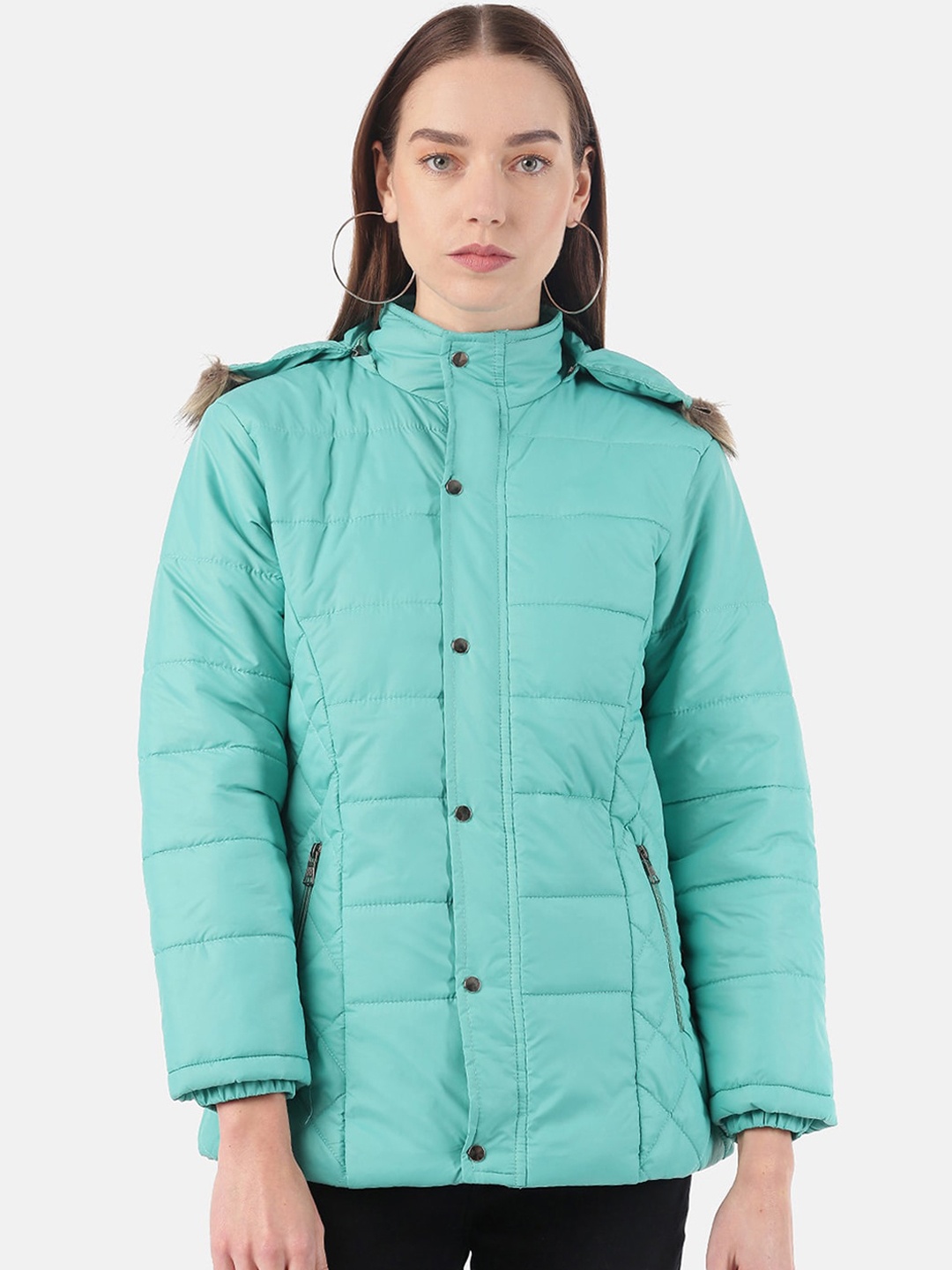 

VOXATI Women Green Hooded Parka Jacket