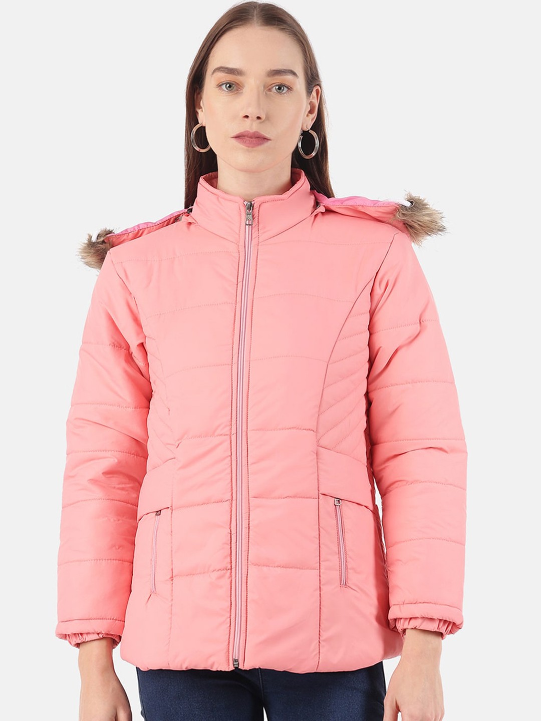 

VOXATI Women Pink Geometric Padded Jacket