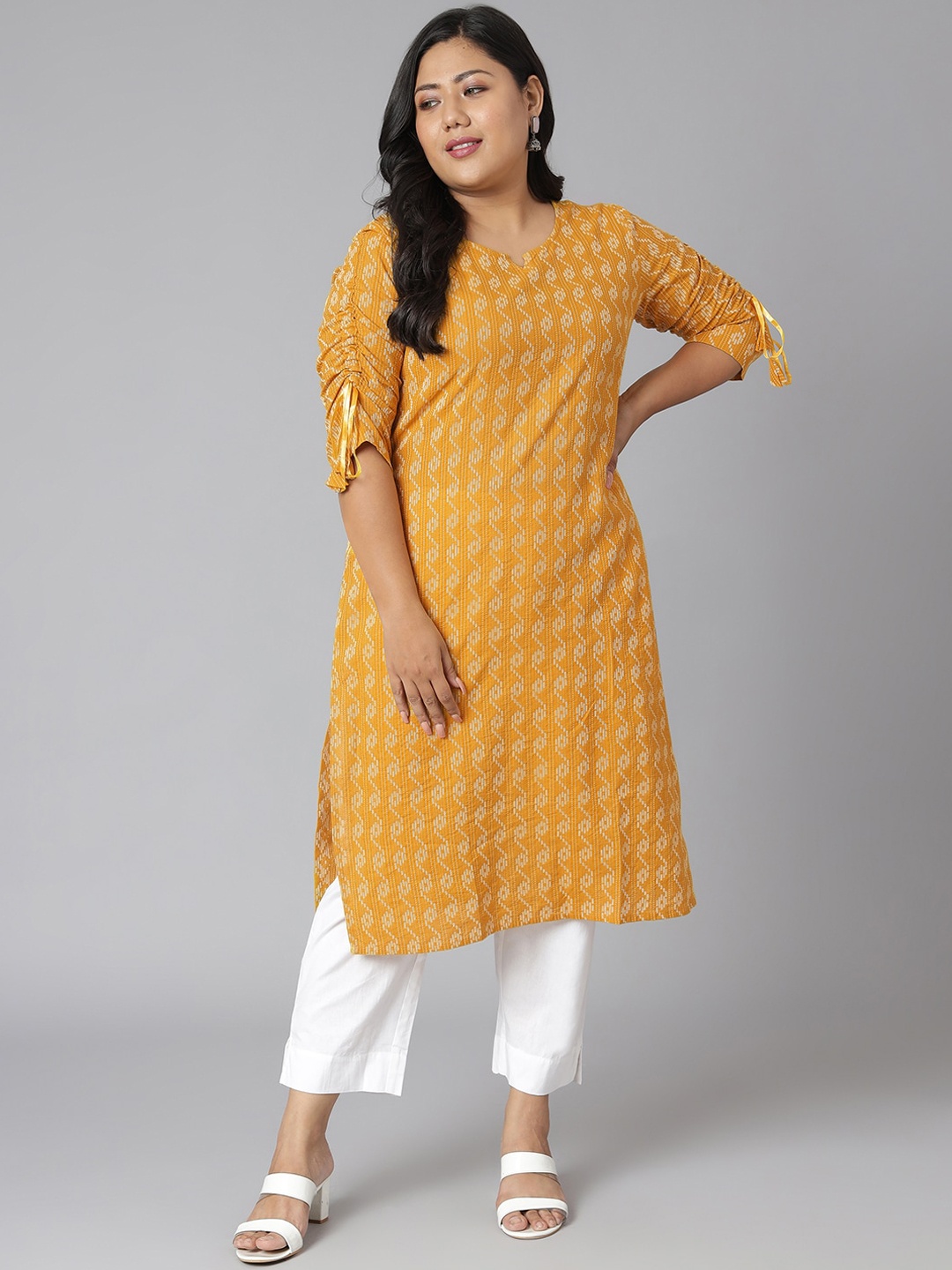 

XL LOVE by Janasya Women Plus Size Yellow & Off White Striped Kurta