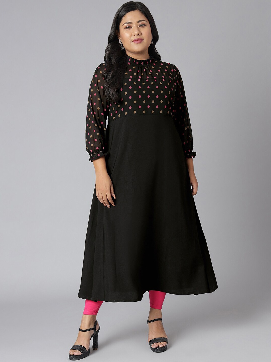 

Janasya Women Plus Size Polka Print A-line Kurta, Black
