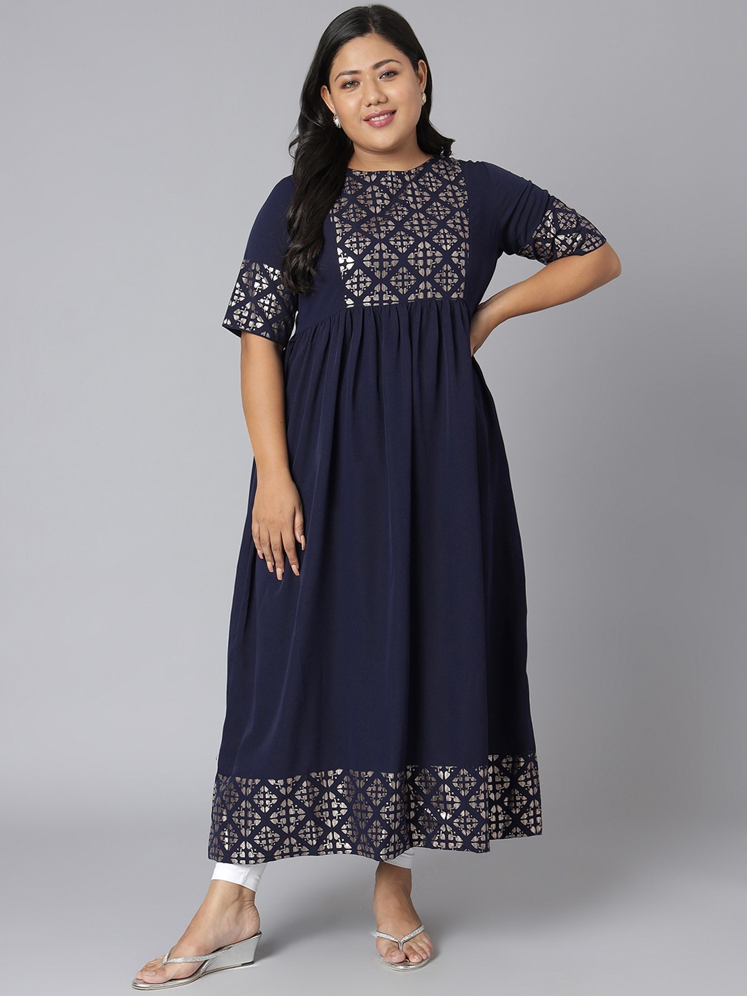 

Janasya Women Plus Size Navy Blue Geometric Yoke Design Crepe Anarkali Kurta