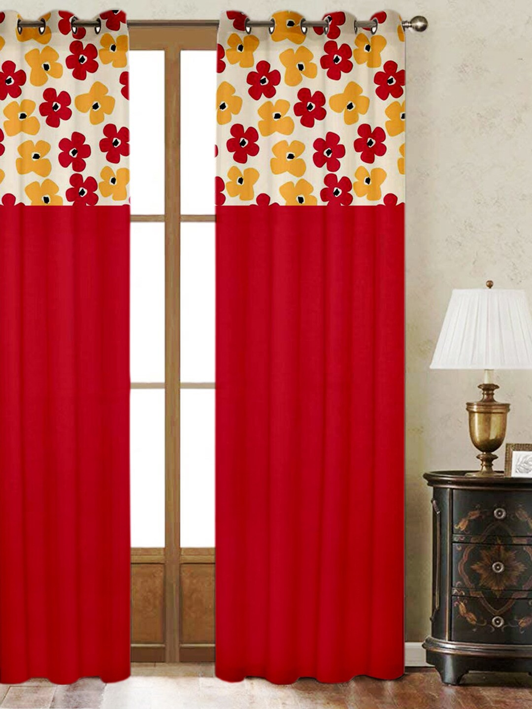 

Lushomes Set Of 2 Red & White Floral Printed Door Curtains