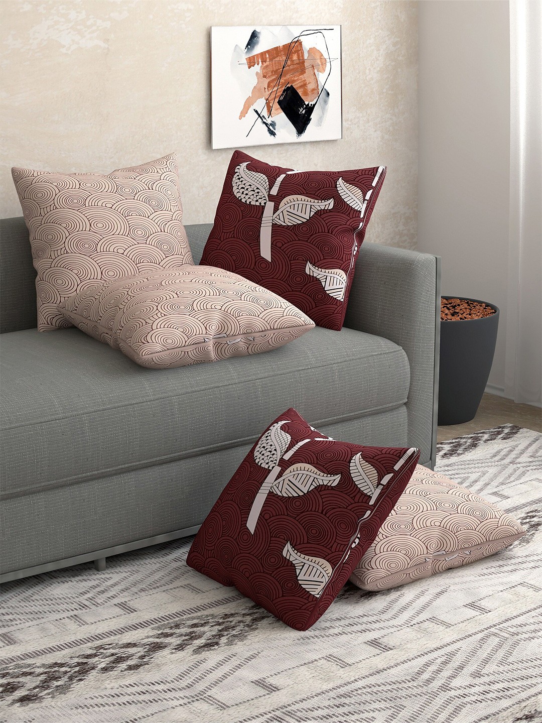 

Salona Bichona Set of 5 Maroon & Beige Floral Square Pure Cotton Cushion Covers