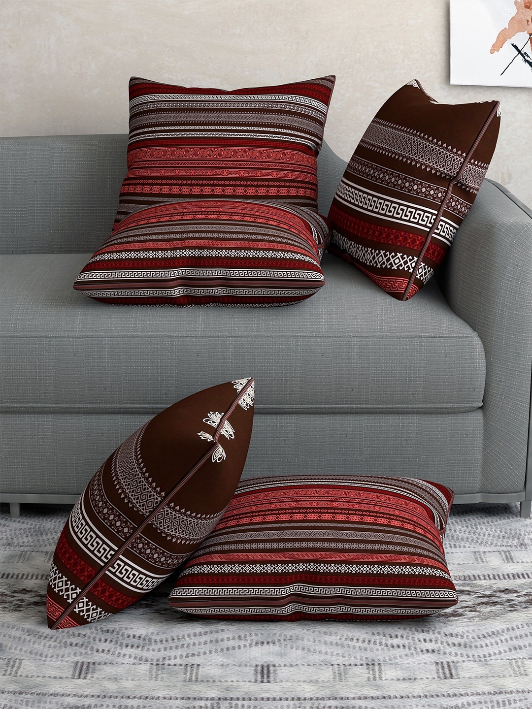 

Salona Bichona Set Of 5 Geometric Design Pure Cotton Square Cushion Covers, Red