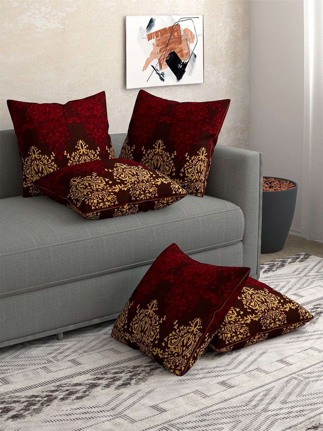 

Salona Bichona Maroon & Yellow Set of 5 Cotton Floral Square Cushion Covers