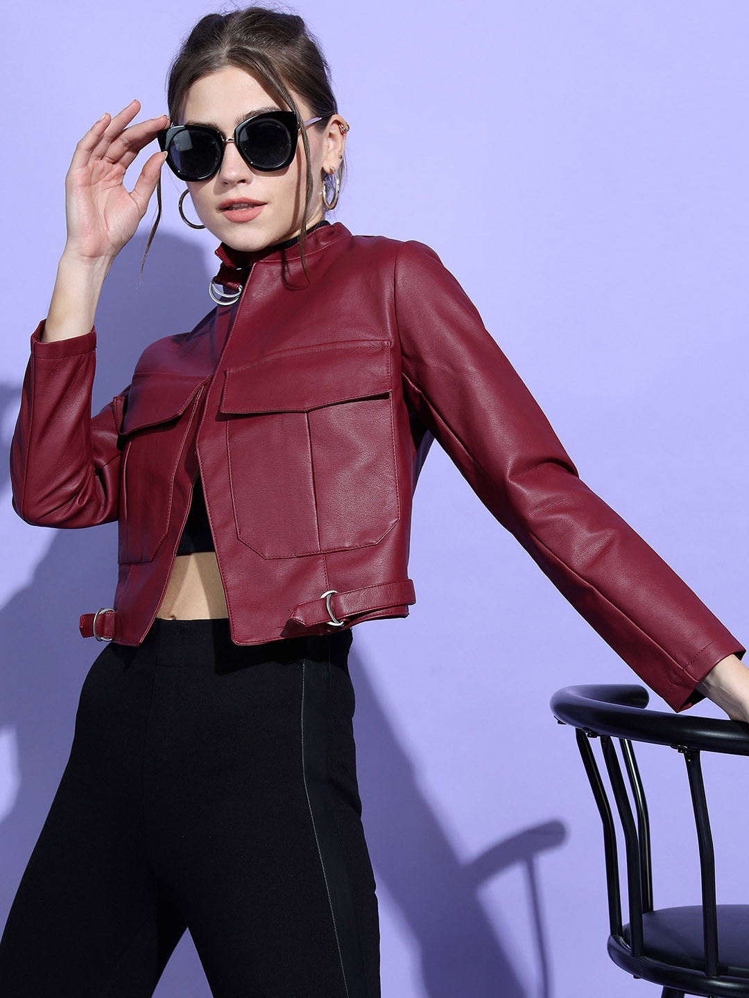 

Tokyo Talkies Women Burgundy Crop Biker Jacket