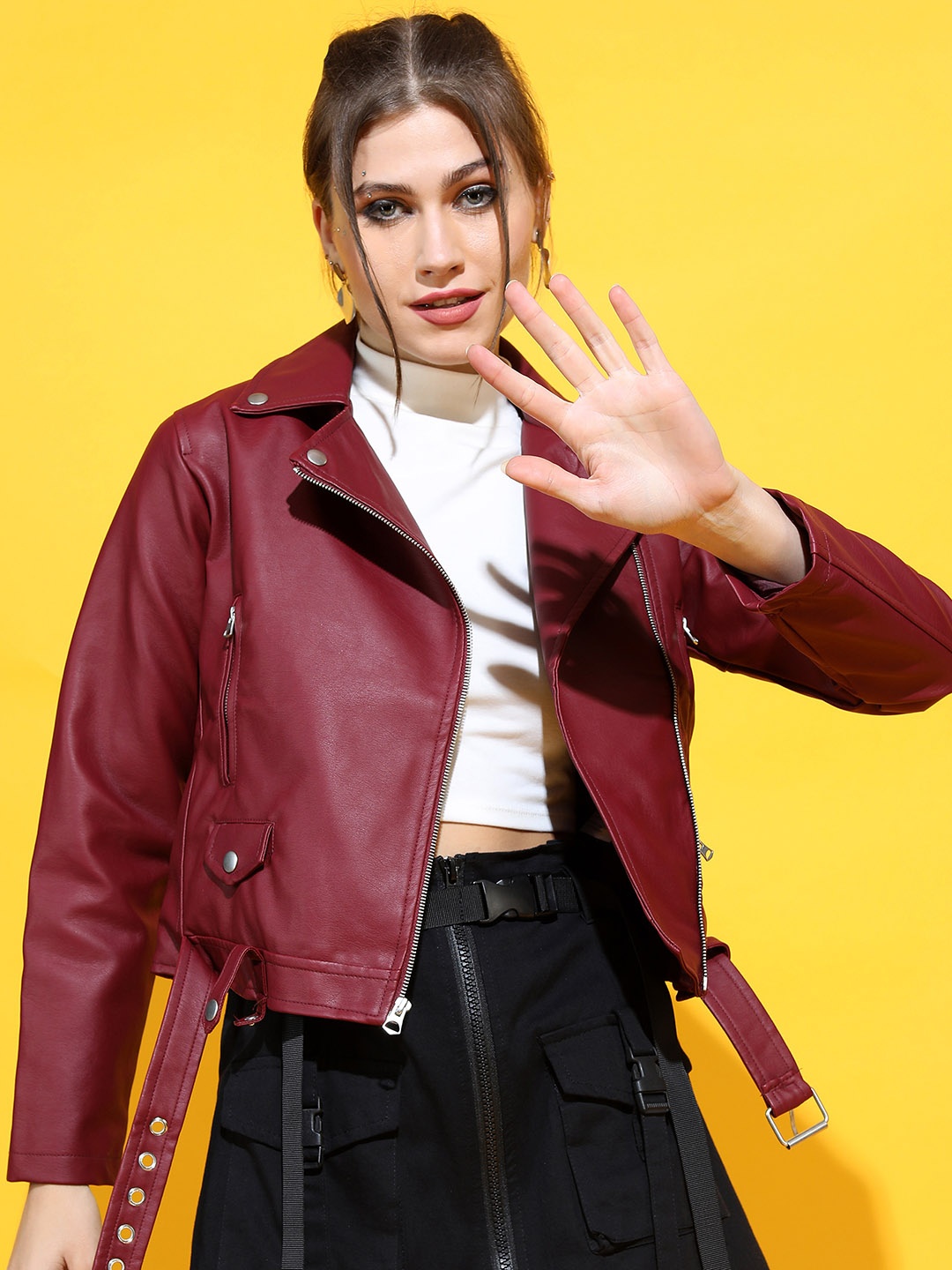 

Tokyo Talkies Women Burgundy Solid Crop Biker Jacket