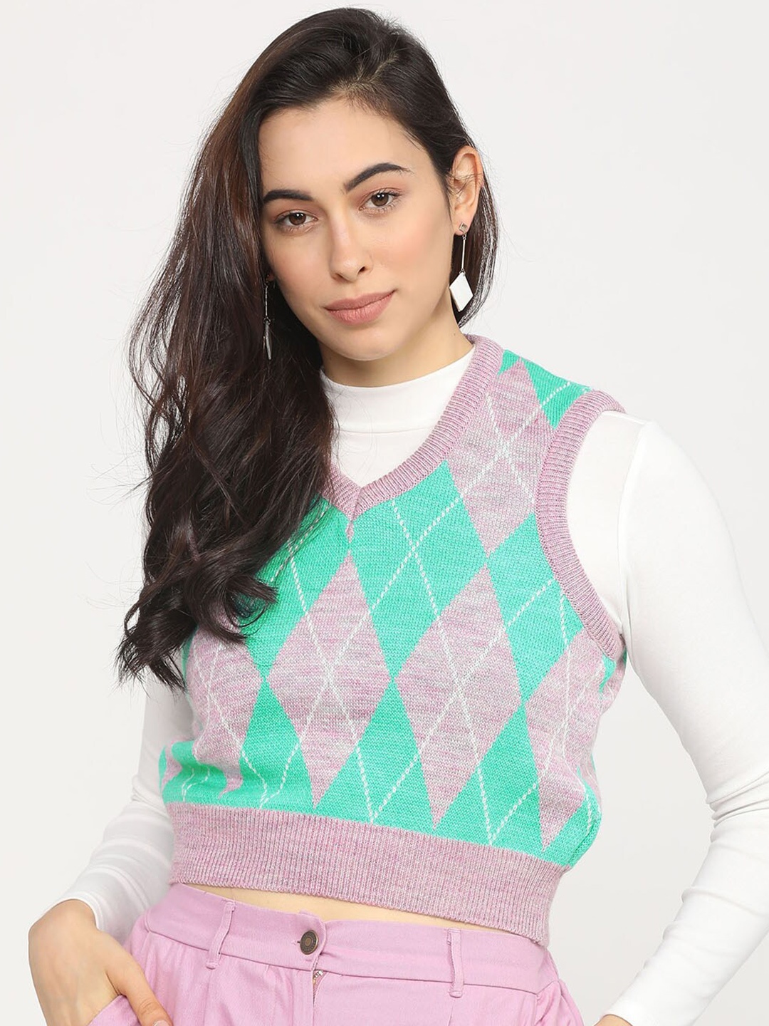 

Tokyo Talkies Women Green & Pink Checked Acrylic Crop Sweater