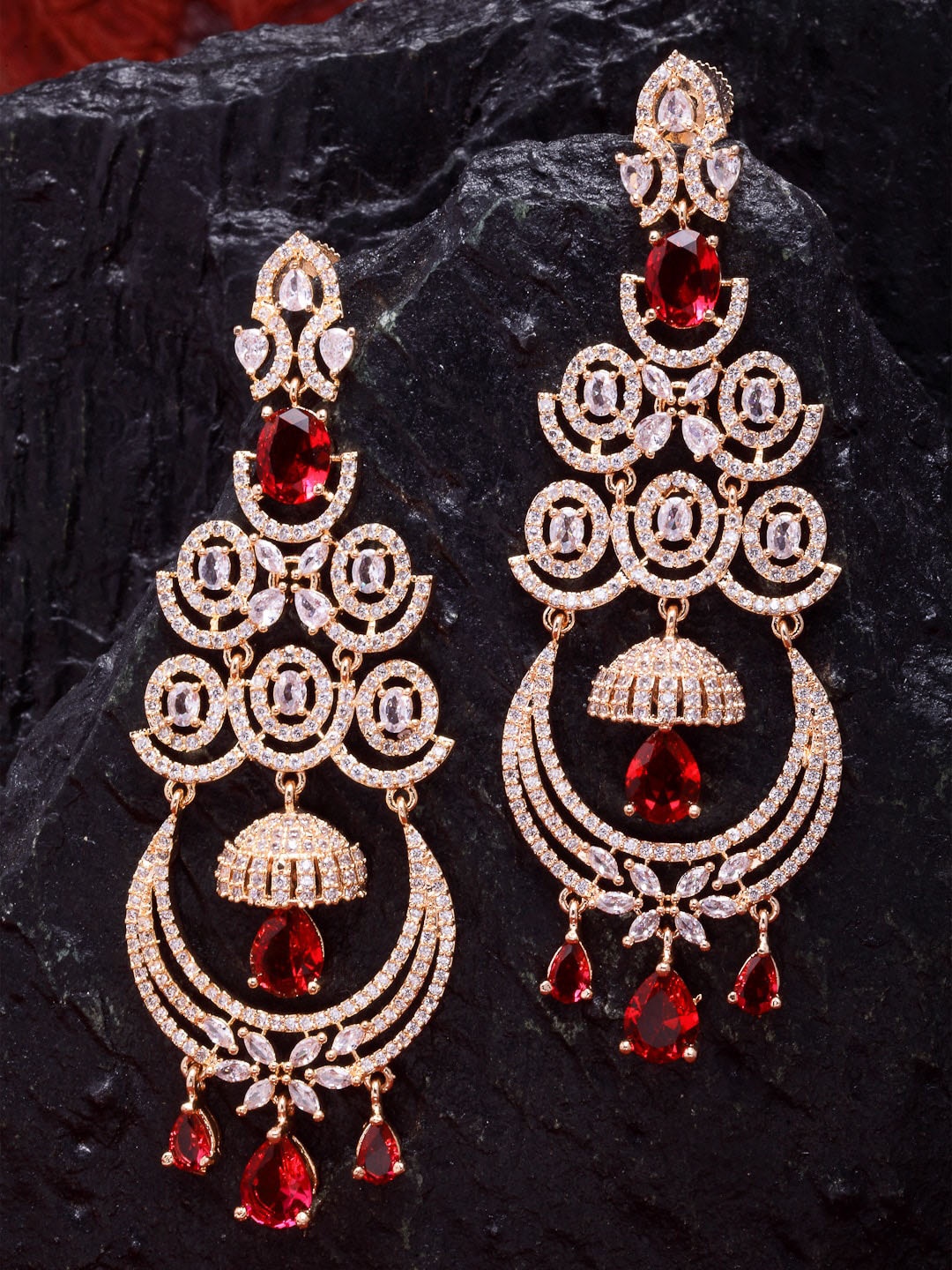 

ZENEME Rose Gold & Red American Diamond Studded Contemporary Chandbalis Earrings