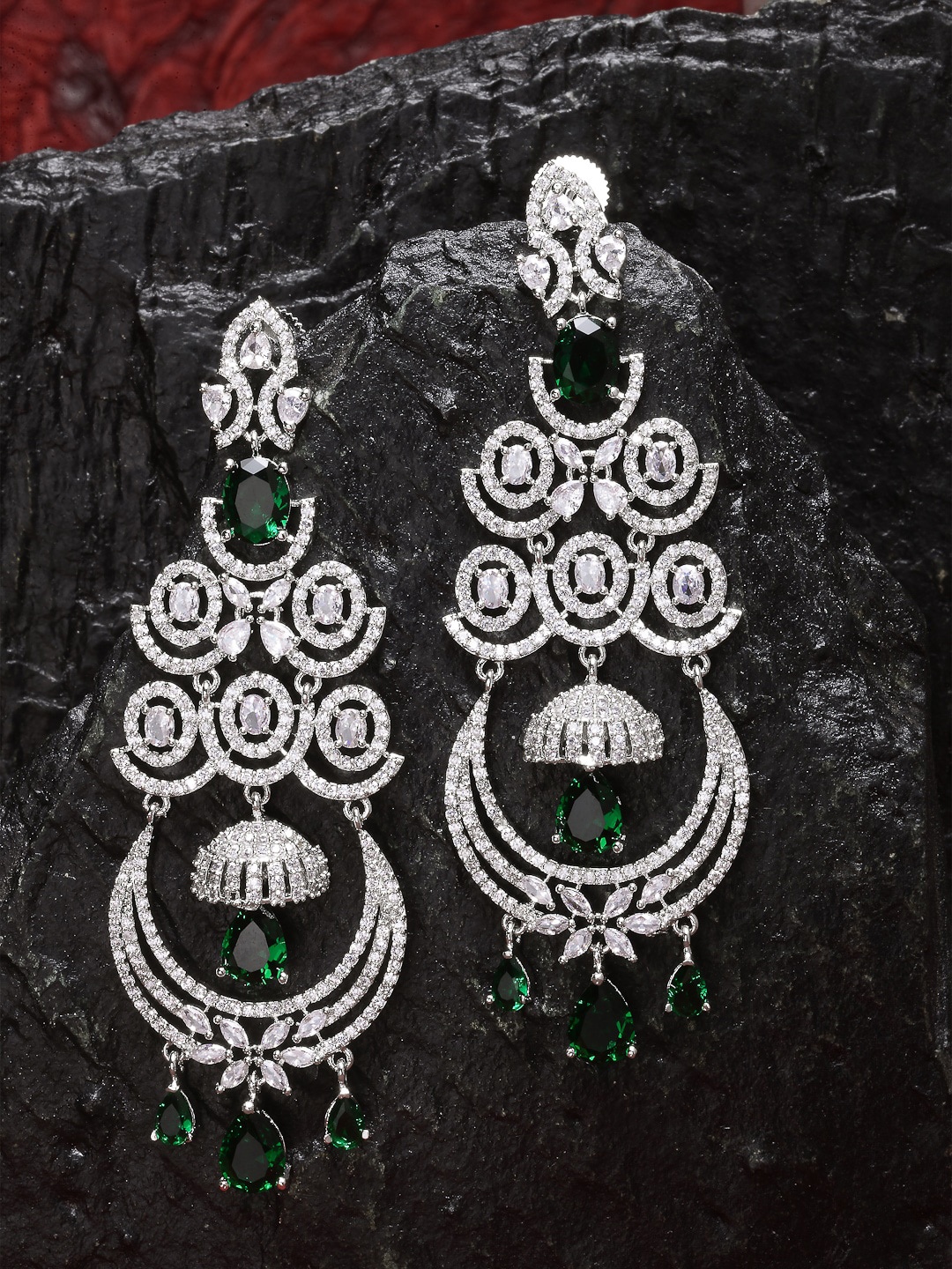 

ZENEME Silver Plated American Diamond Stone Chandelier Earrings