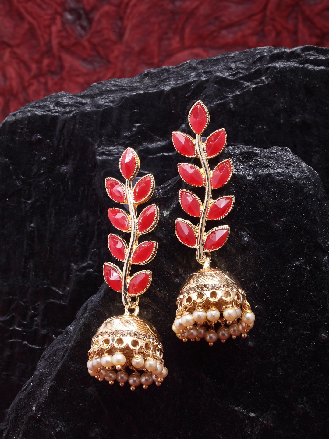 

ZENEME Red & Gold-Plated Leaf Shaped Jhumkas Earrings