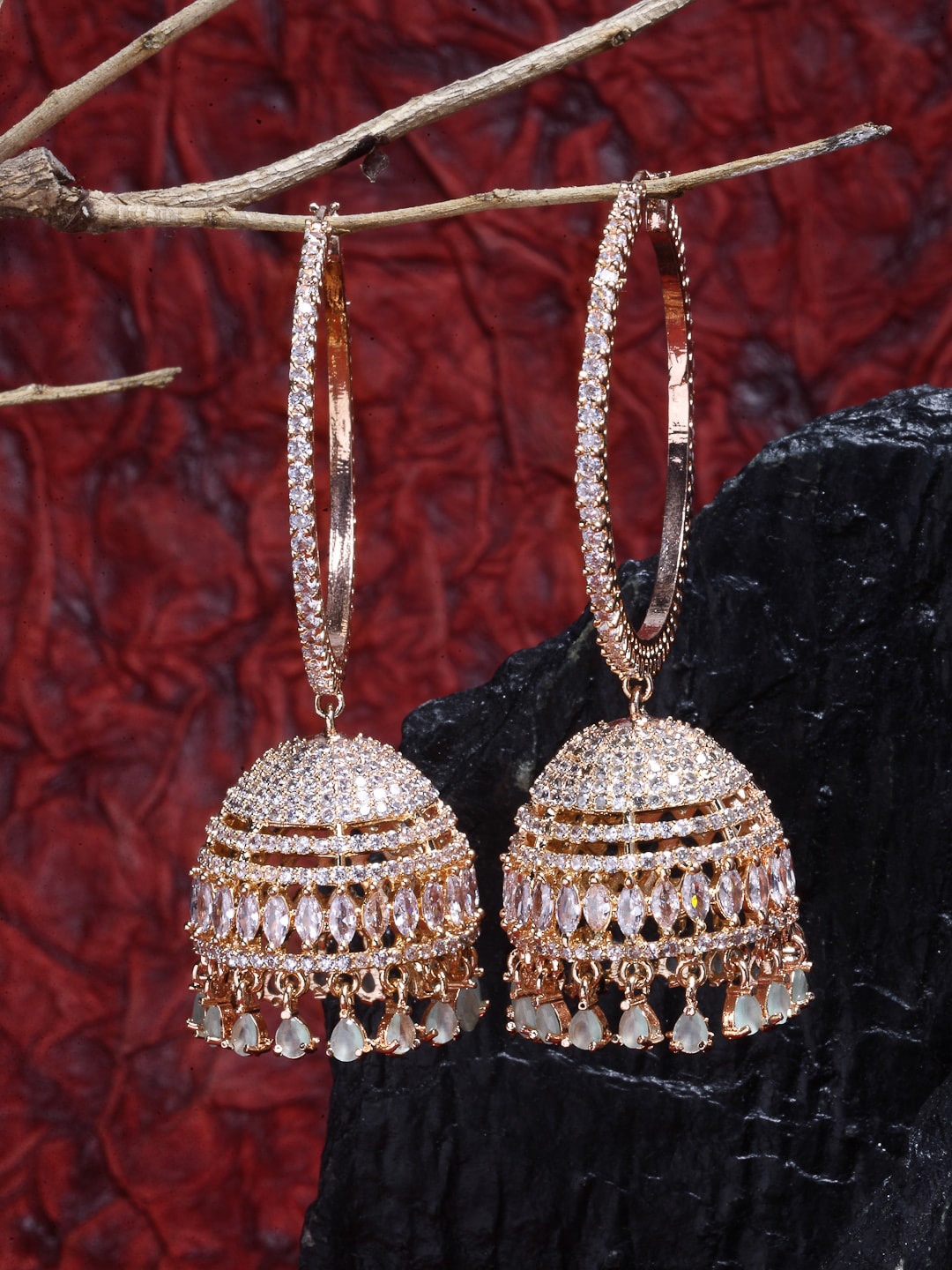 

ZENEME Woman Rose Gold Big Hoop Beaded Dome Jhumkas Earrings