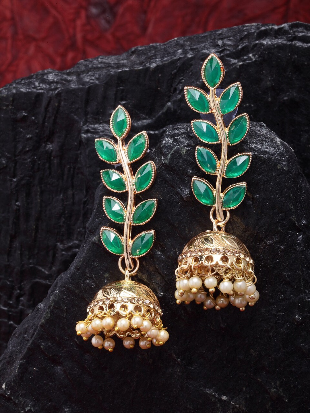 

ZENEME Green Leaf Shaped Jhumka Earrings