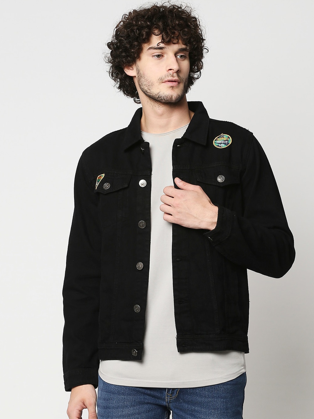 

High Star Men Black Denim Jacket with Patchwork