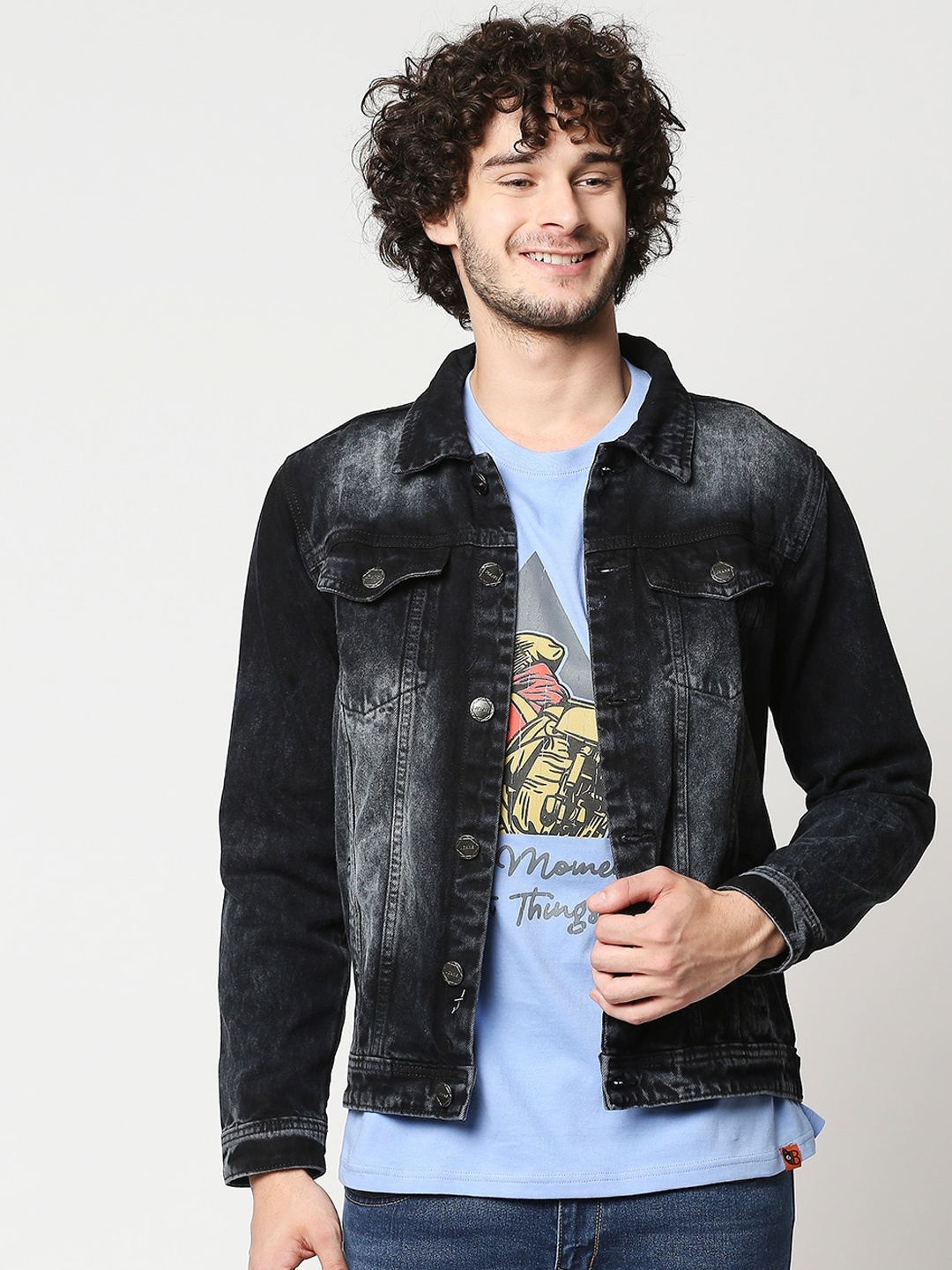 

High Star Men Black Off White Washed Crop Denim Jacket with Patchwork