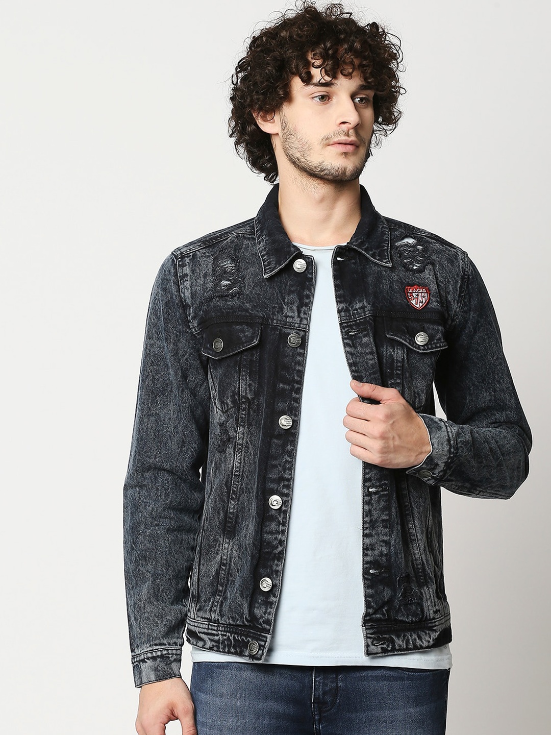 

High Star Men Black Washed Denim Jacket with Patchwork