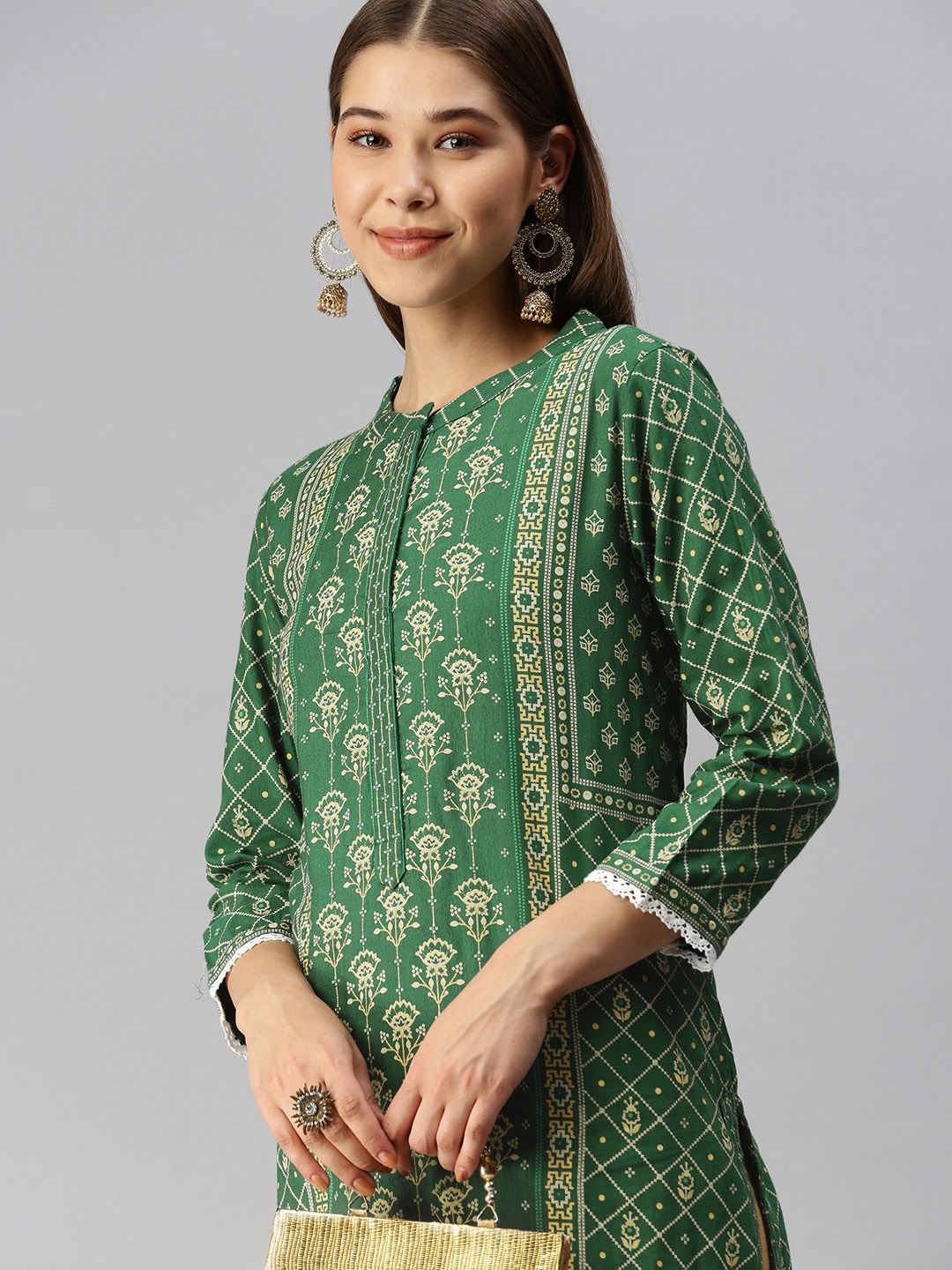 

Global Desi Women Green & Yellow Floral Printed Flared Sleeves Kurta