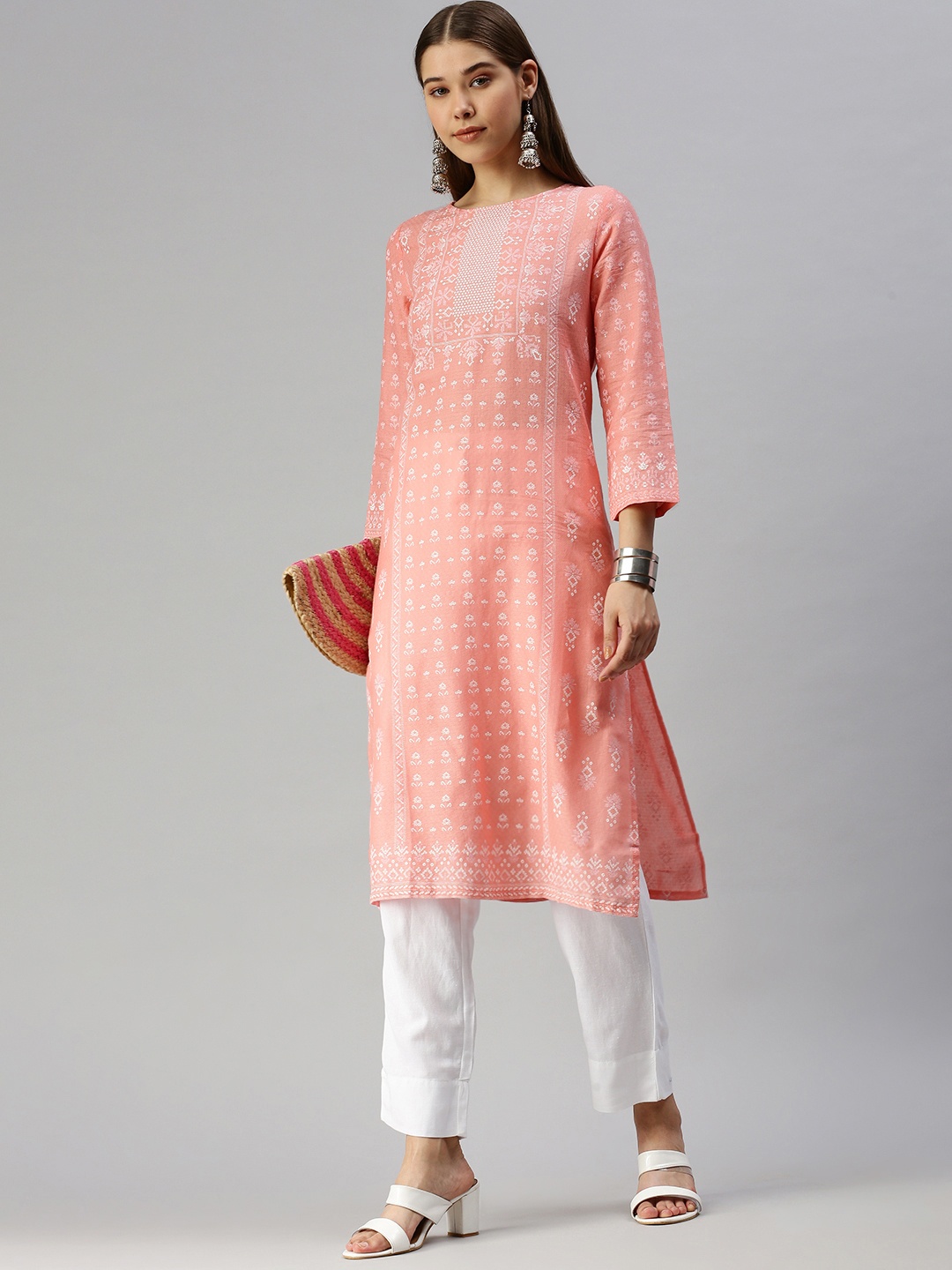 

Global Desi Women Pink & White Printed Pure Cotton Kurta