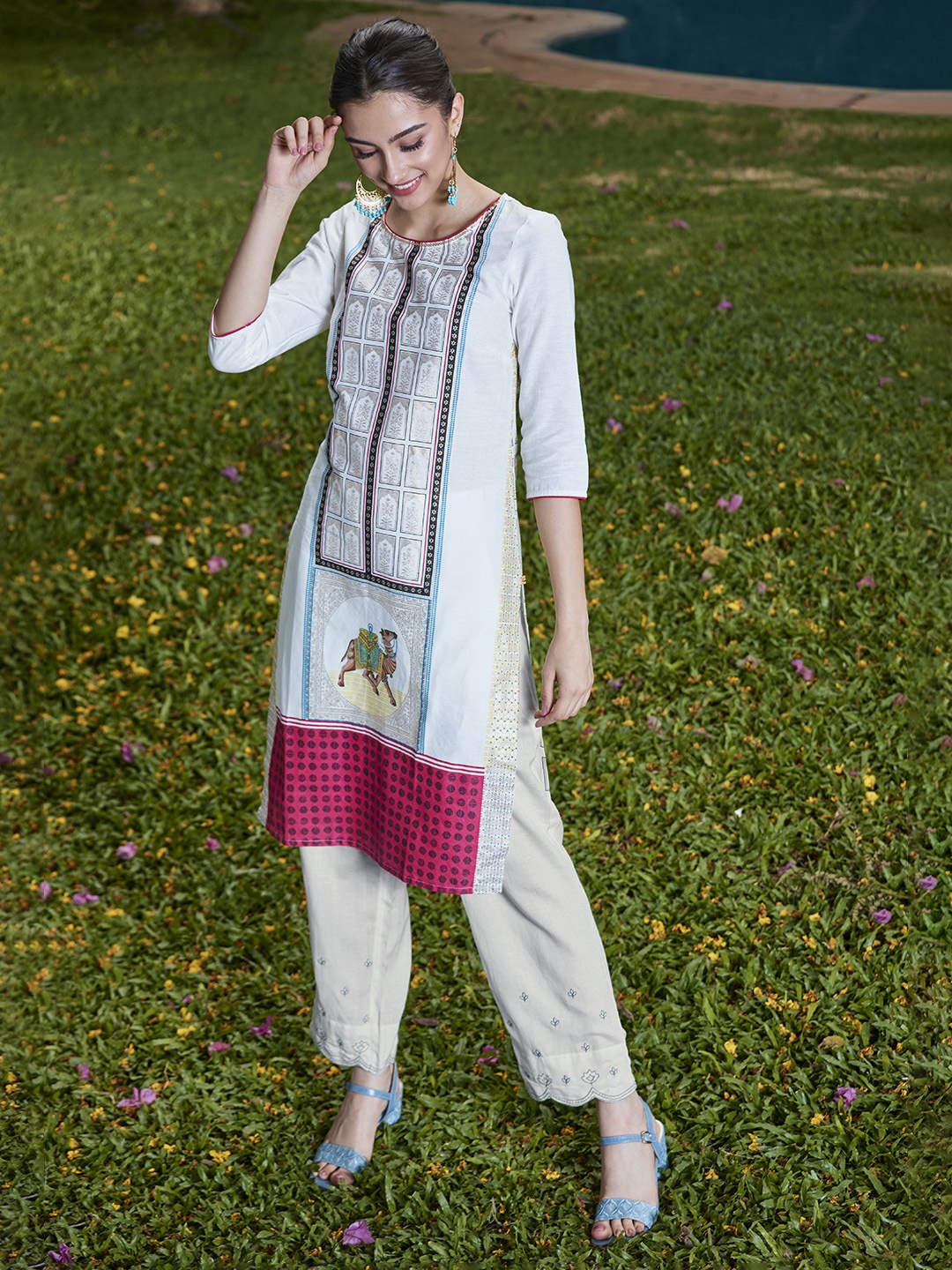 

Global Desi Women White Embroidered Regular Trousers