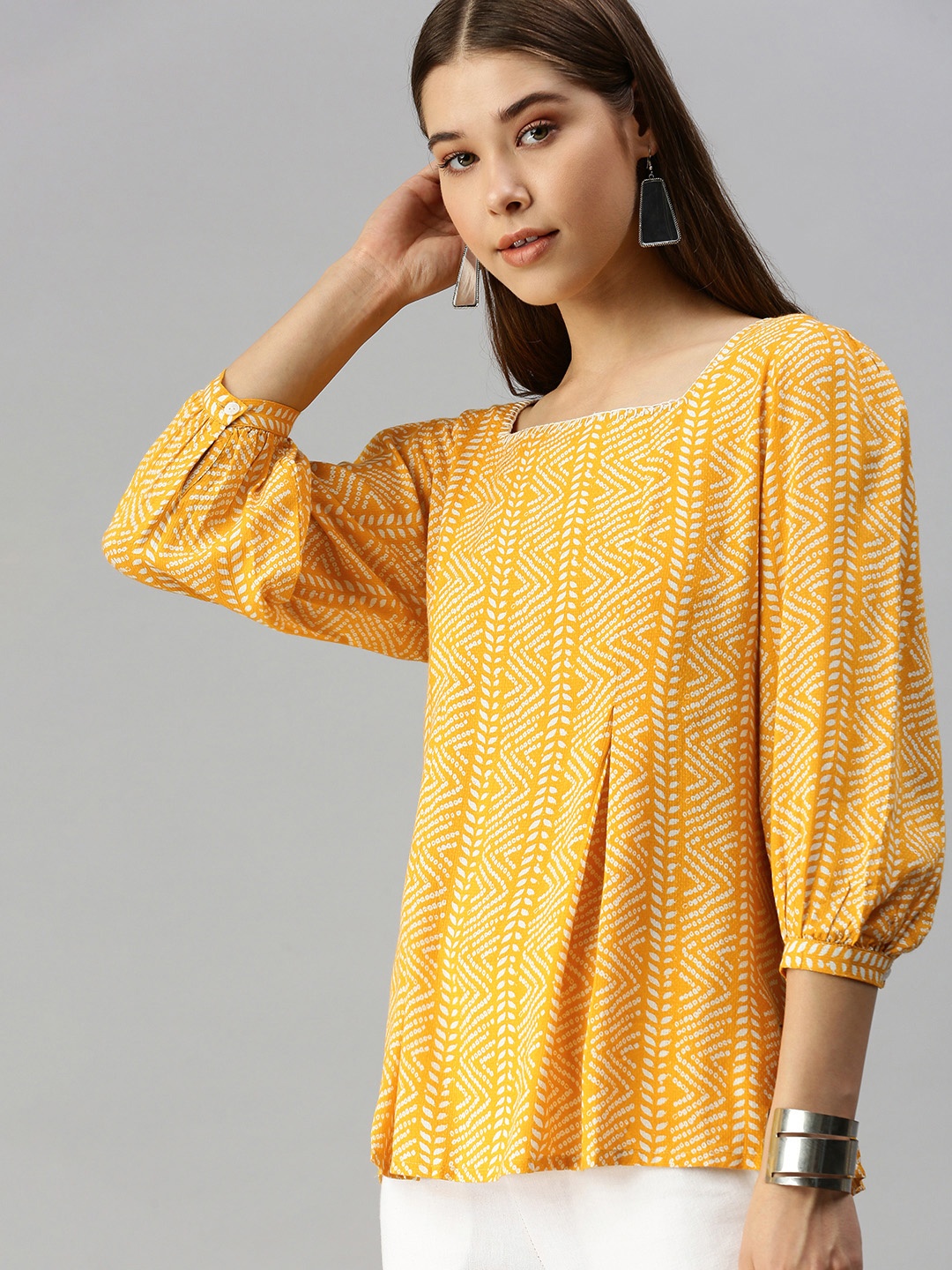 

Global Desi Women Mustard Yellow & White Printed Top