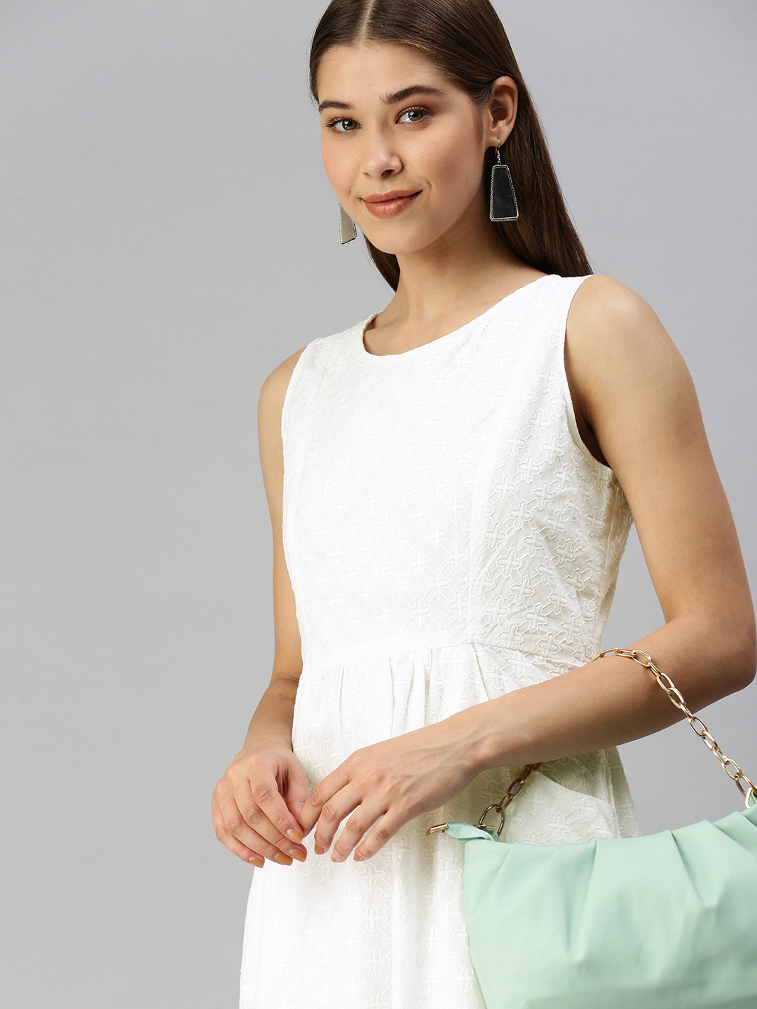 

Global Desi White Ethnic Motifs Embroidered Pleated Pure Cotton Fit & Flare Dress