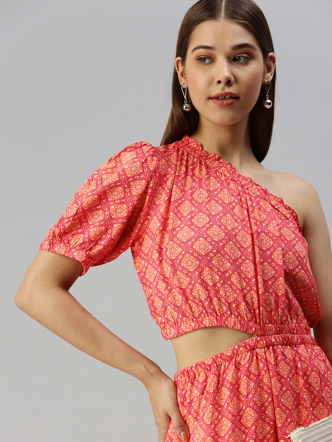 

Global Desi Coral Pink And White Printed One-Shoulder Jumpsuit With Cut-Outs Detail