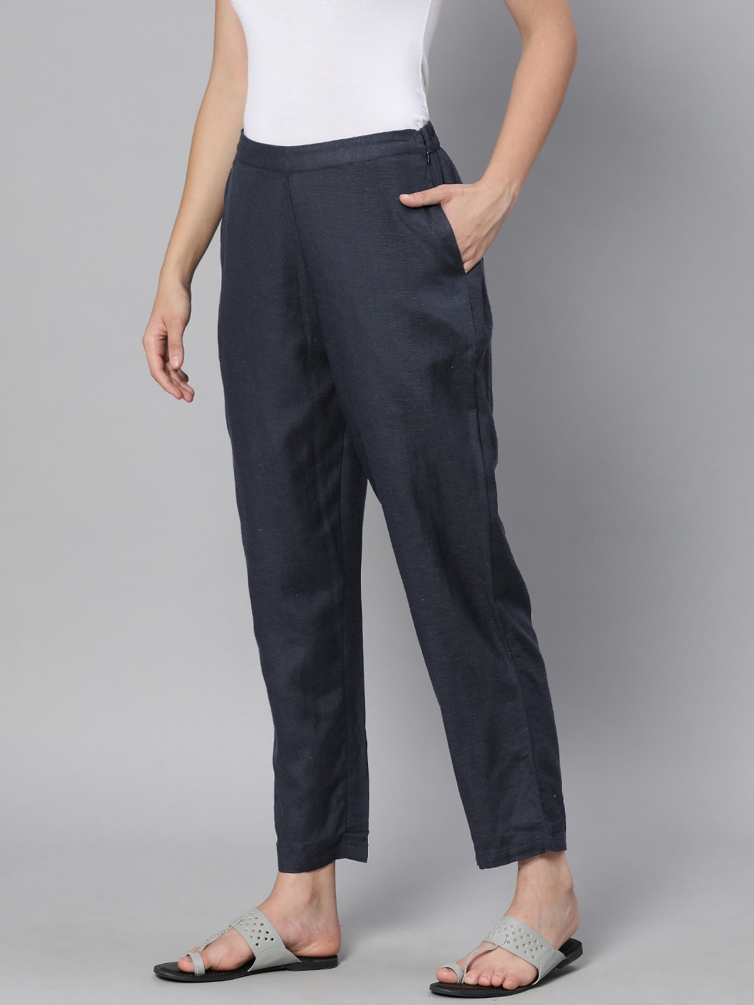 

Global Desi Women Navy Blue Tapered Fit Regular Trousers