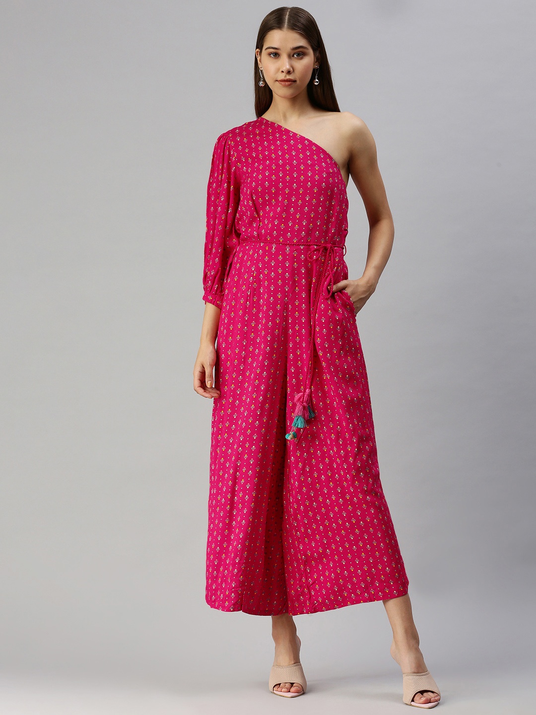 

Global Desi Pink & Multicoloured One-Shoulder Strapless Printed Culotte Jumpsuit