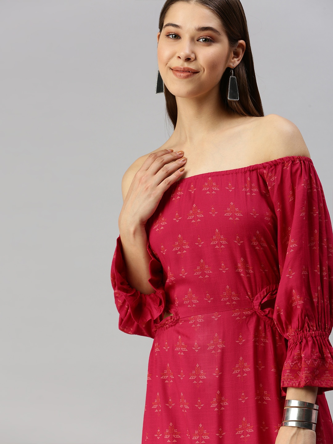 

Global Desi Pink & Yellow Floral Off-Shoulder Cut-out A-Line Maxi Dress