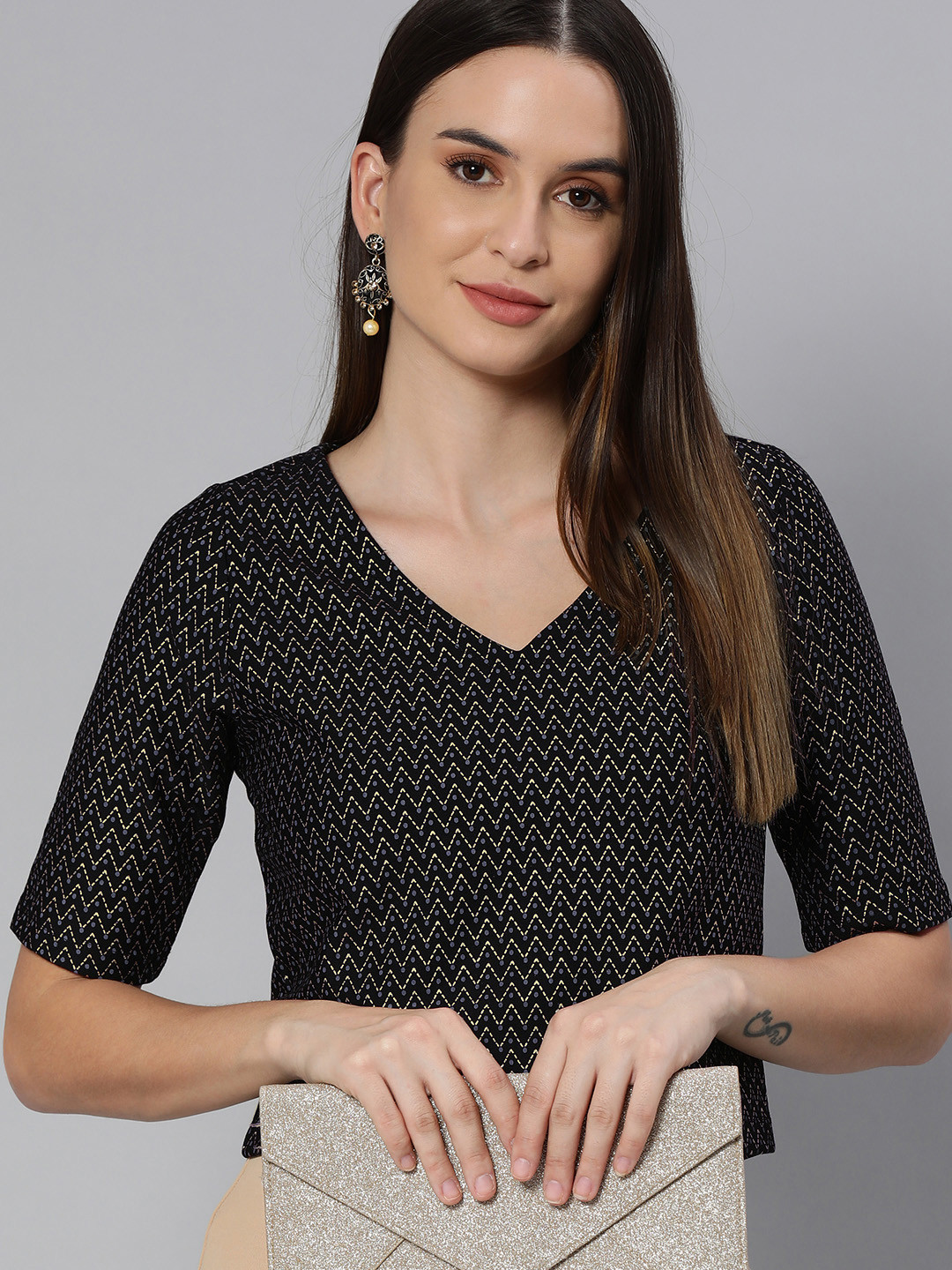 

Global Desi Women Black & Beige Geometric Print Top