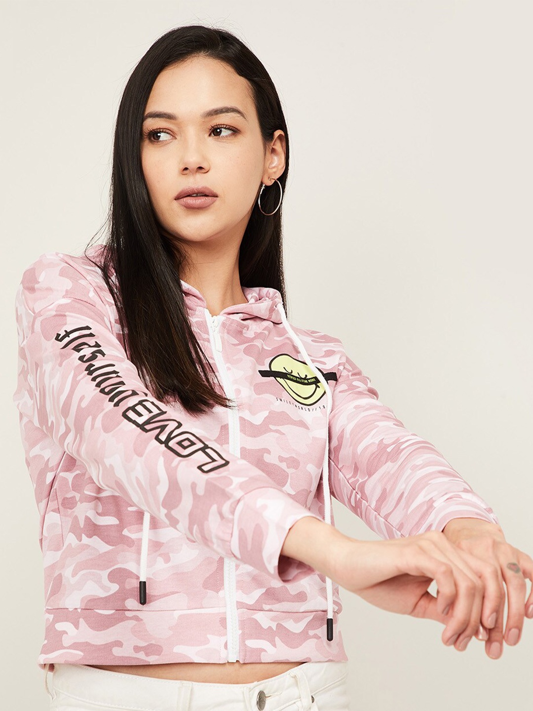 

SmileyWorld Women Pink Camouflage Printed Hooded Sweatshirt