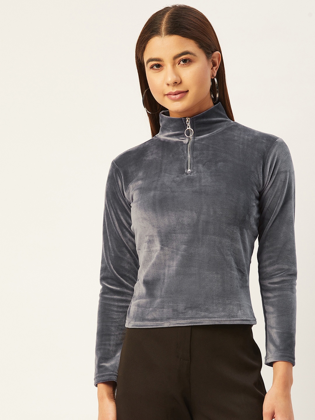 

BROOWL Grey Velvet Regular Crop Top