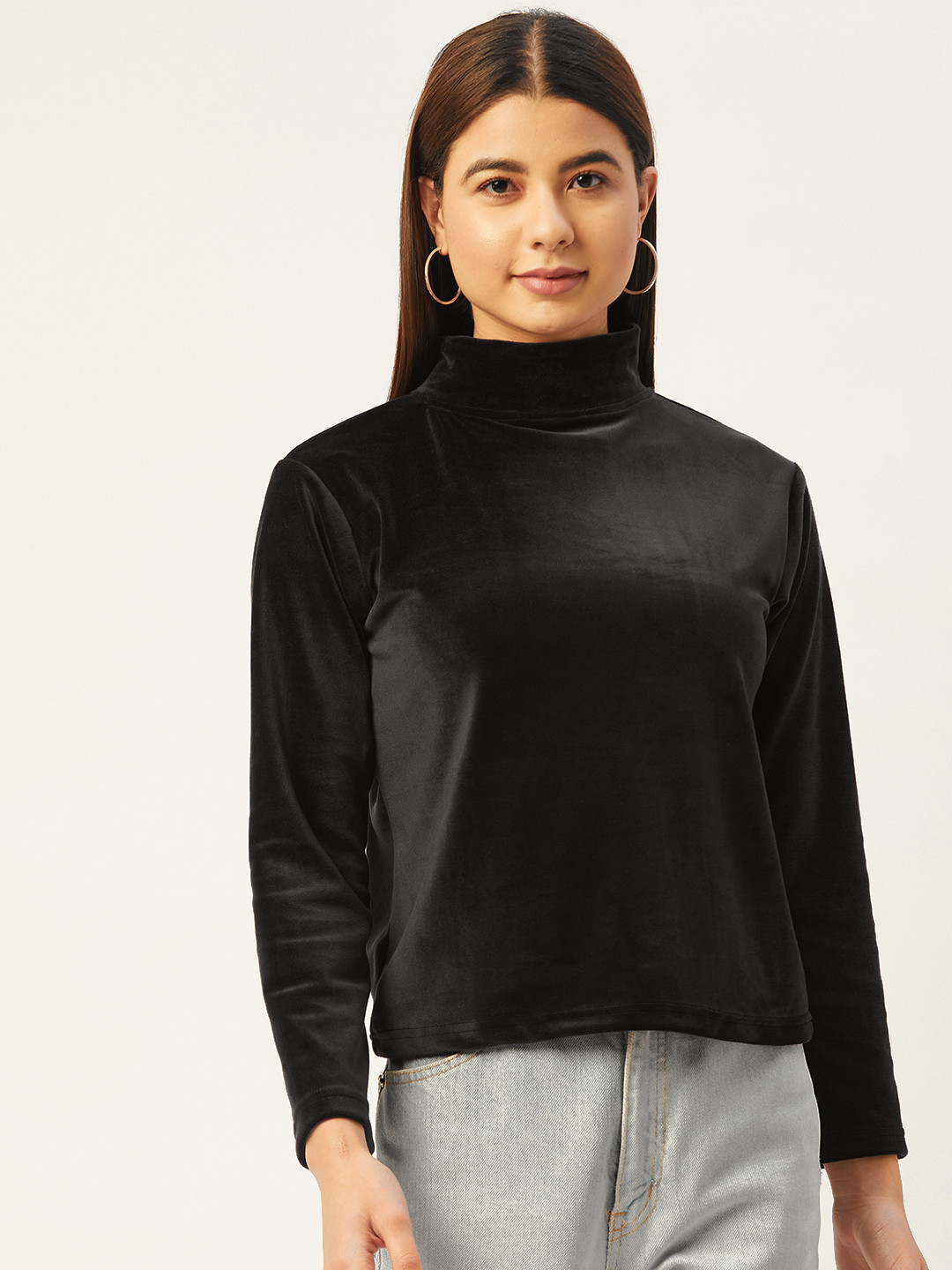 

BROOWL Black Velvet Solid High Neck Regular Top