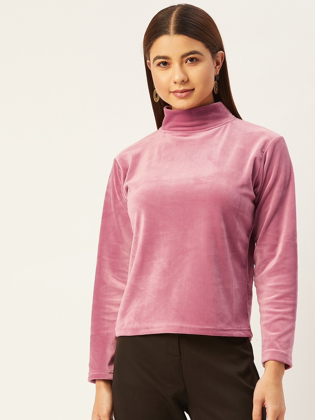 

BROOWL Peach-Coloured Velvet Solid High Neck Regular Top