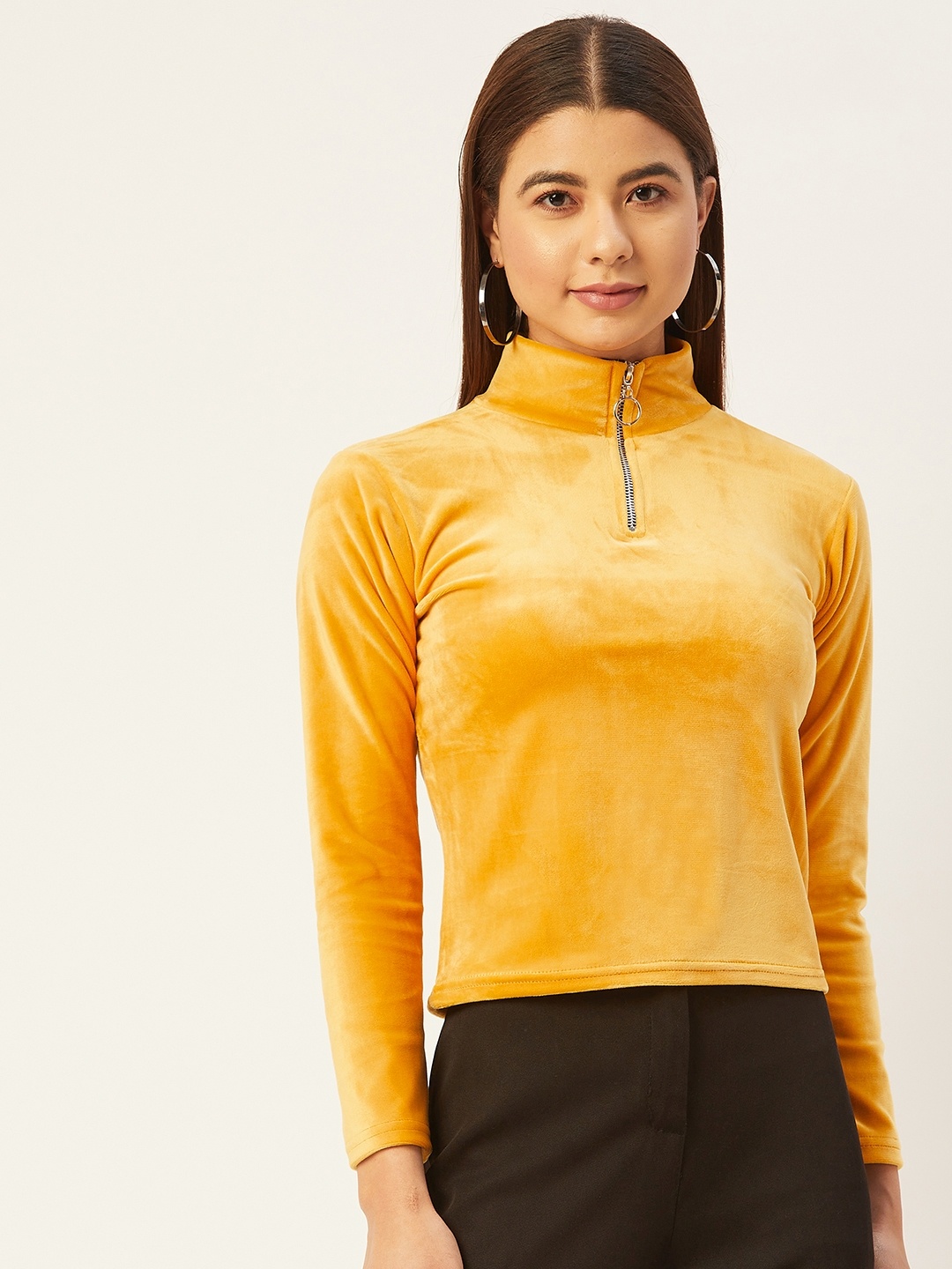 

BROOWL Mustard Yellow Velvet Regular Crop Top