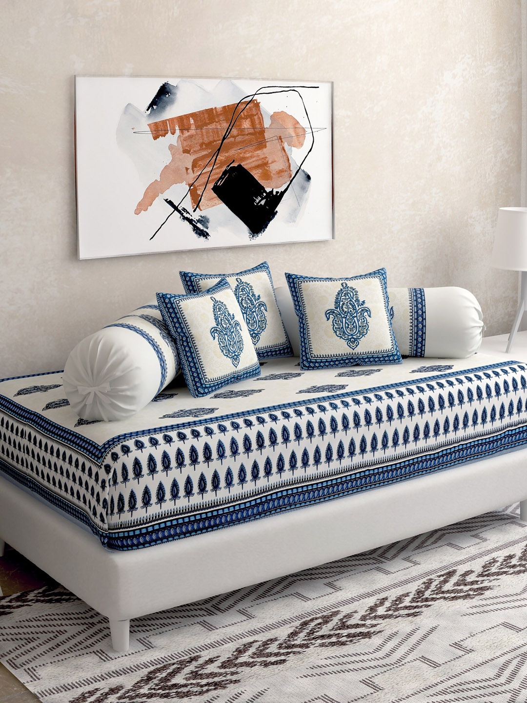 

Salona Bichona Set Of 8 Blue & White Printed Pure Cotton 120 TC Bedsheet With Bolster & Cushion Covers