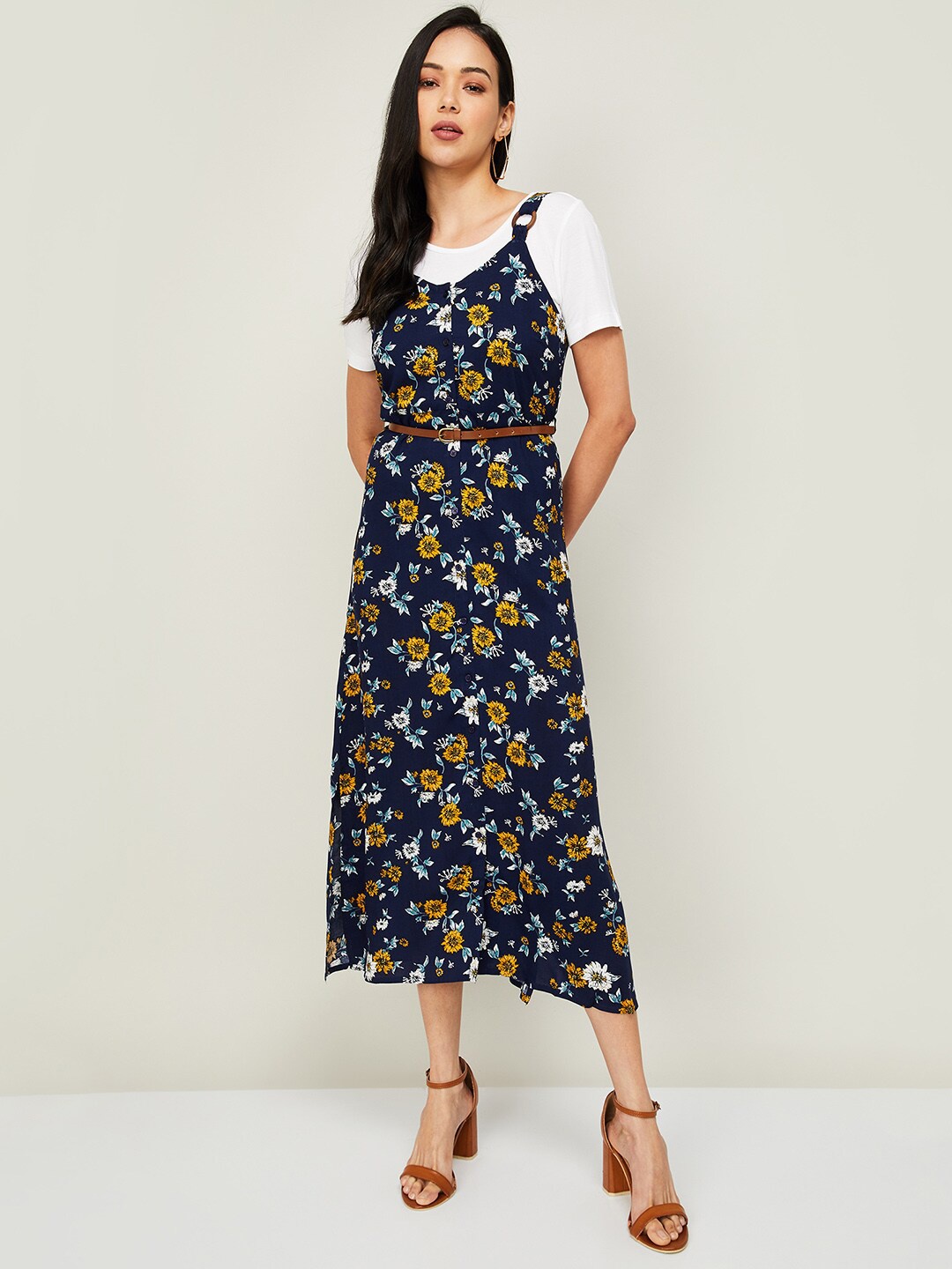 

Bossini Navy Blue Floral A-Line Midi Dress