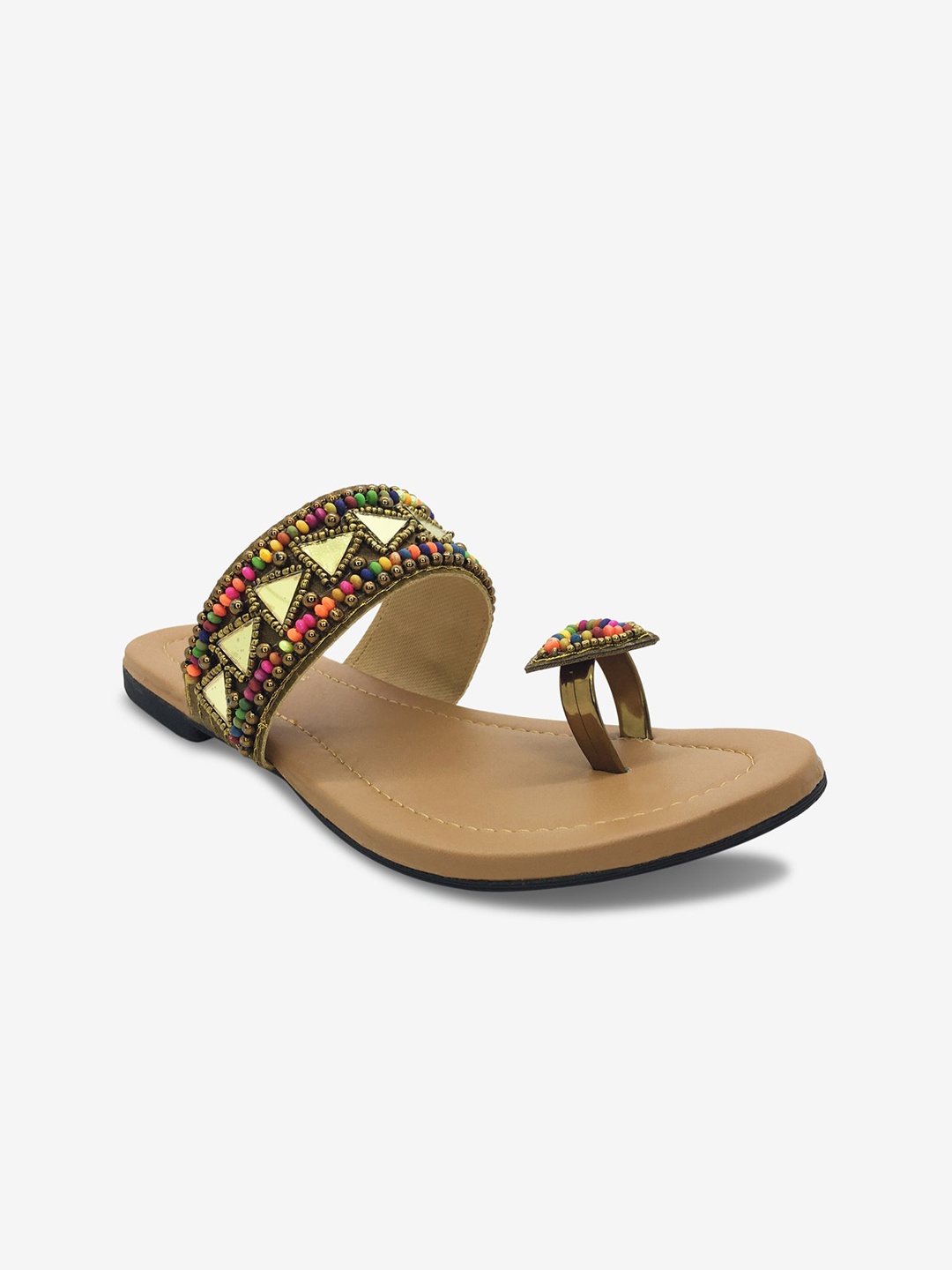 

WALK N STYLE COLLECTION Women Khaki Brown Embellished Ethnic Open Toe Flats