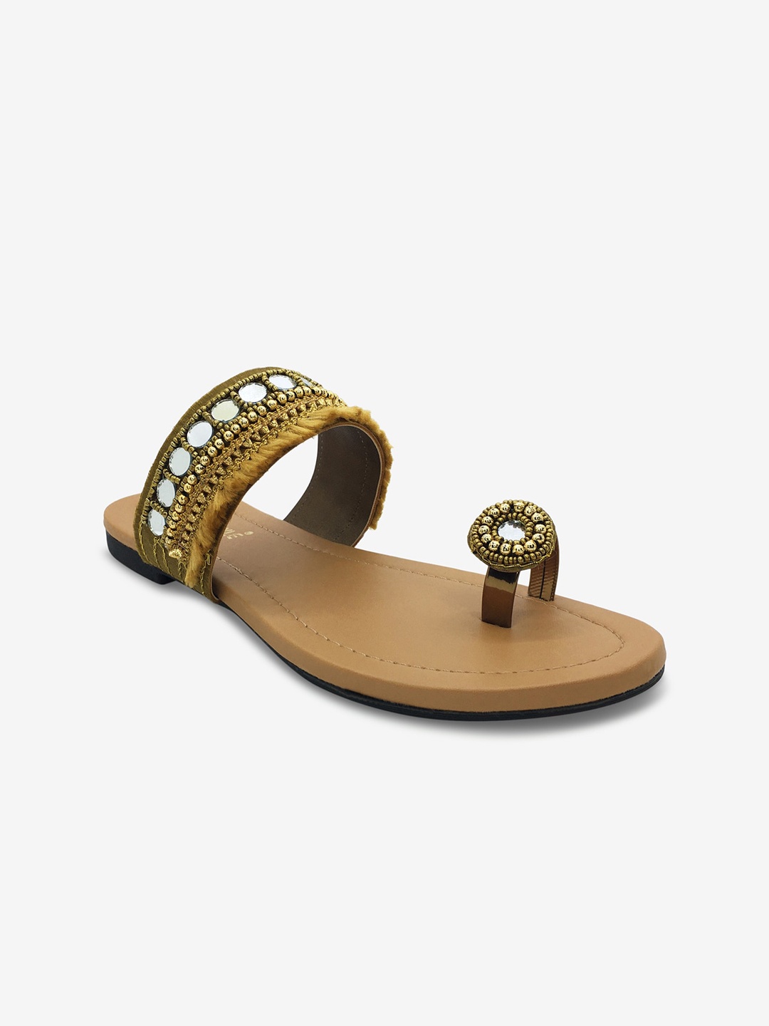 

WALK N STYLE COLLECTION Women Khaki Brown Embellished Ethnic One Toe Flats