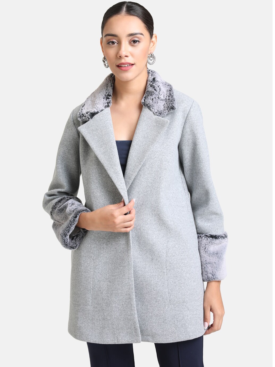 

Kazo Women Grey Melange Solid Longline Fur Detail Overcoat